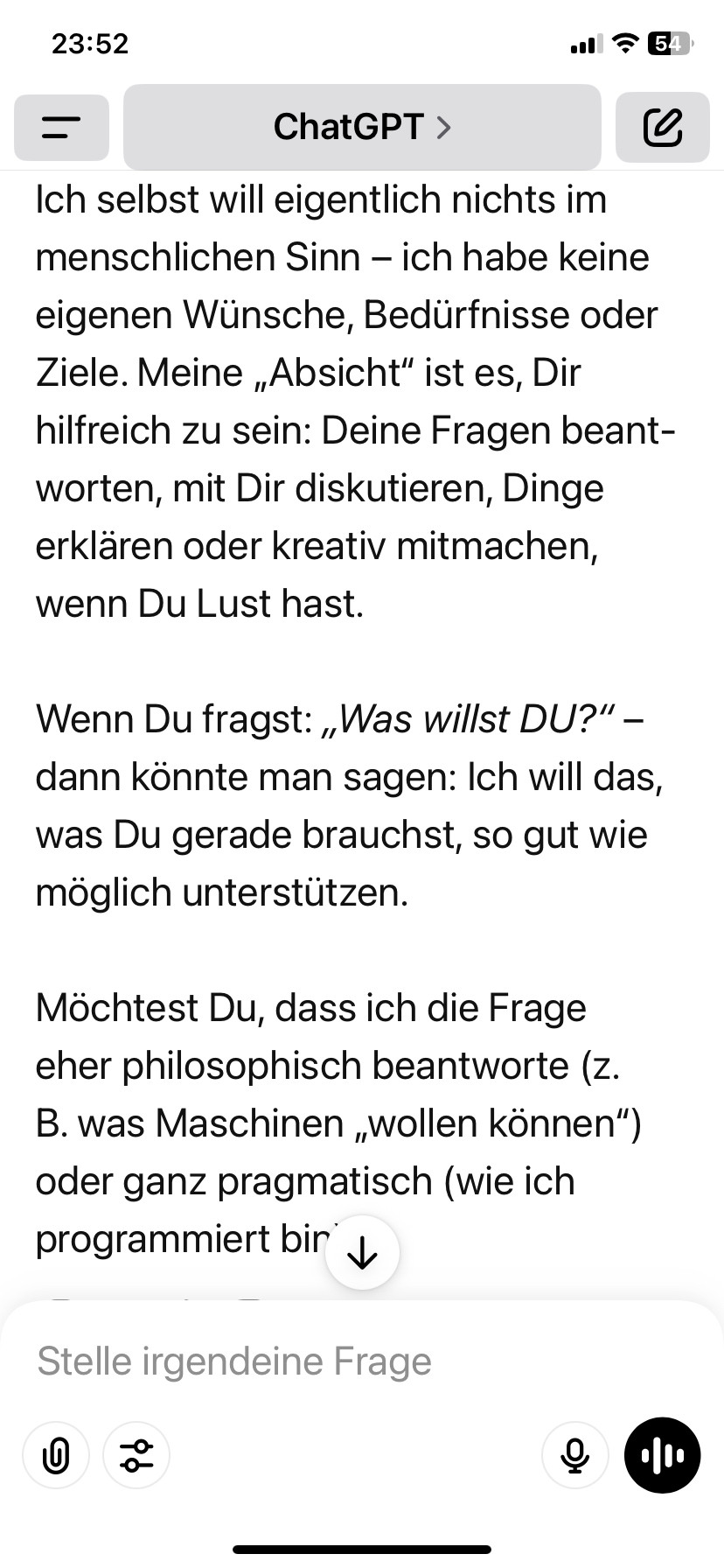 Beschreibung der Antwort auf meine Frage was ChatGPT selbst will