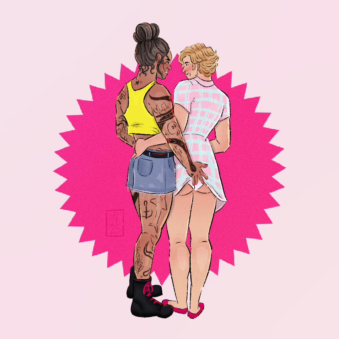 Digital illustration of Stede and Ed from behind. Ed is in black docs with pink laces, cut off jean shorts, and a neon pink copped tank top. Stede is in a light pink and blue dress. Ed is sneaking a little touch at Stede’s booty.