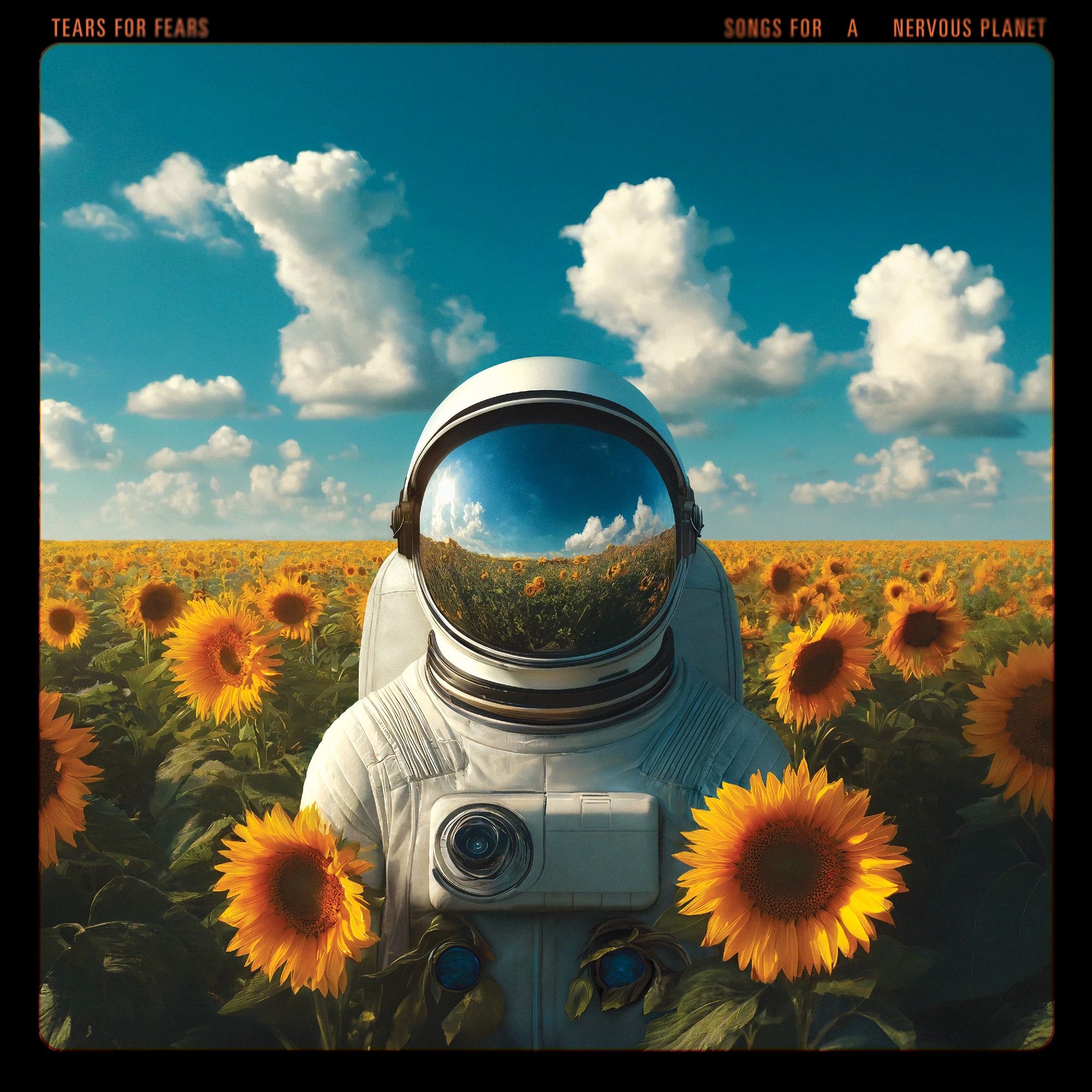 Album cover for Tears for Fears 'Songs for a Nervous Planet'. It features an astronaut stood in a field of sunflowers. It looks very artificial - for instance their are three near identical clouds in the sky.