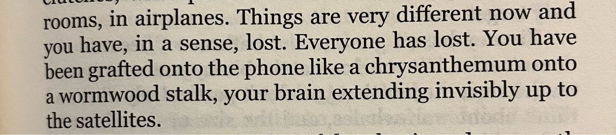 VAL
rooms, in airplanes. Things are very different now and you have, in a sense, lost. Everyone has lost. You have been grafted onto the phone like a chrysanthemum onto a wormwood stalk, your brain extending invisibly up to the satellites.