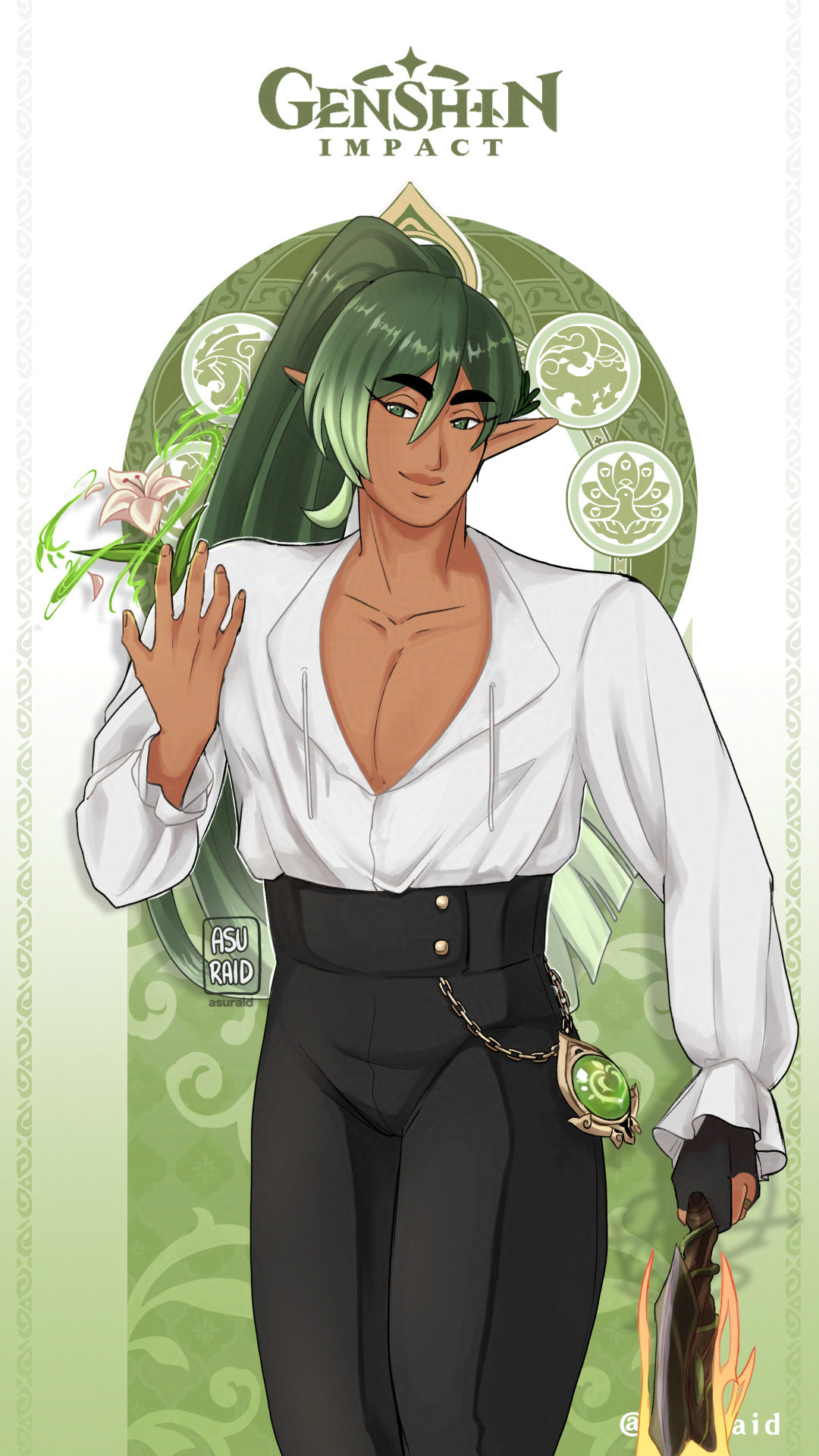 A digital illustration of a genshin original character with forest green hair, elfish ears, an open white shirt, and waist-high black pants. They have a dendro vision hanging off their hip, are smiling towards the viewer, and holding a floating flower in their hand.