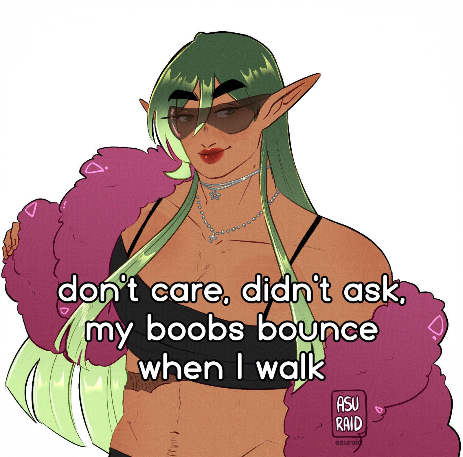 a digital illustration of sylvie, a genshin original character, wearing a fluffy pink coat, a cropped tank top, and wearing sunglasses. the text on top says "don't care, didn't ask, my boobs bounce when I walk"