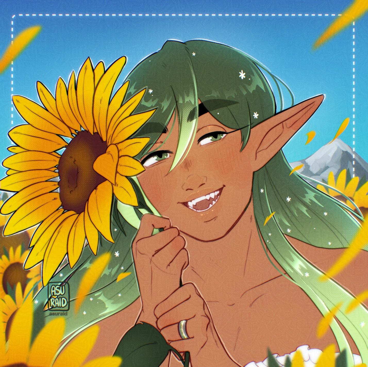 a digital illustration of a genshin original character. they are holding a sunflower close to their face and smiling, looking not quite towards the camera. sunflowers are both in the background and foreground, alongside a blue sky and flecks of petals flying by.