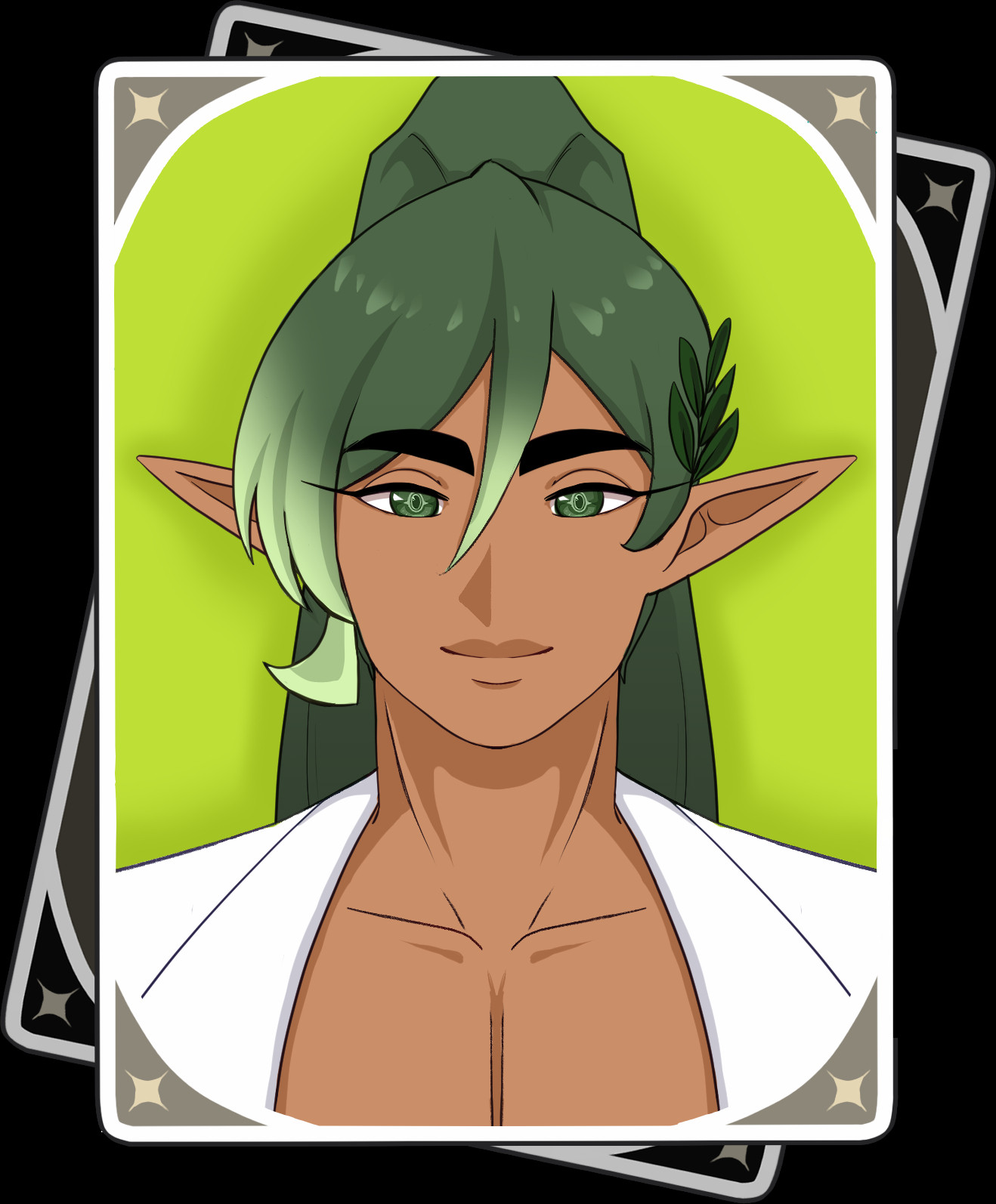 A genshin character card of an original character with forest green hair, elfish ears, and thick black brows.