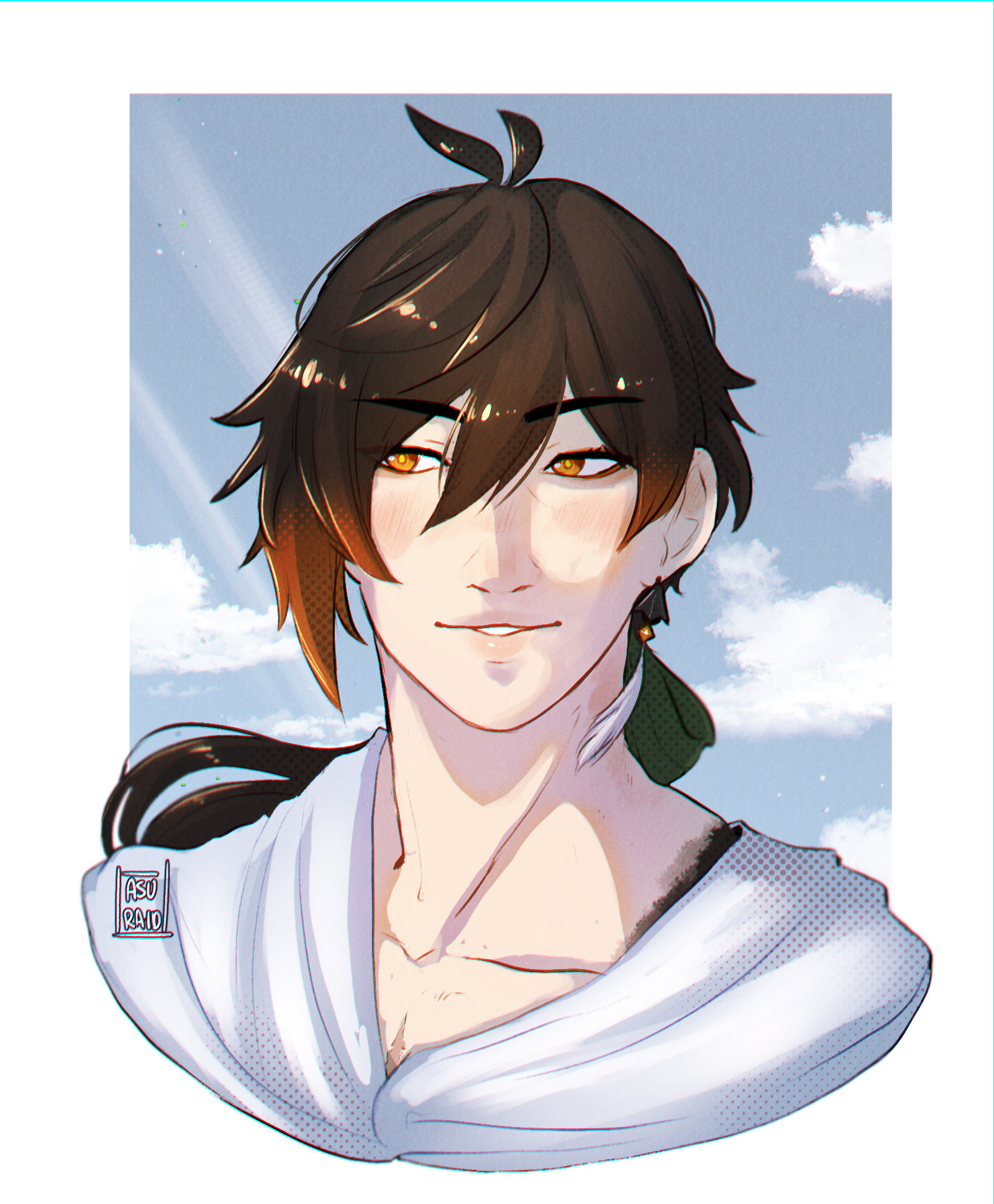 a bust drawing of zhongli from genshin impact, there is wind implying to be blowing his ponytail around and he looks content