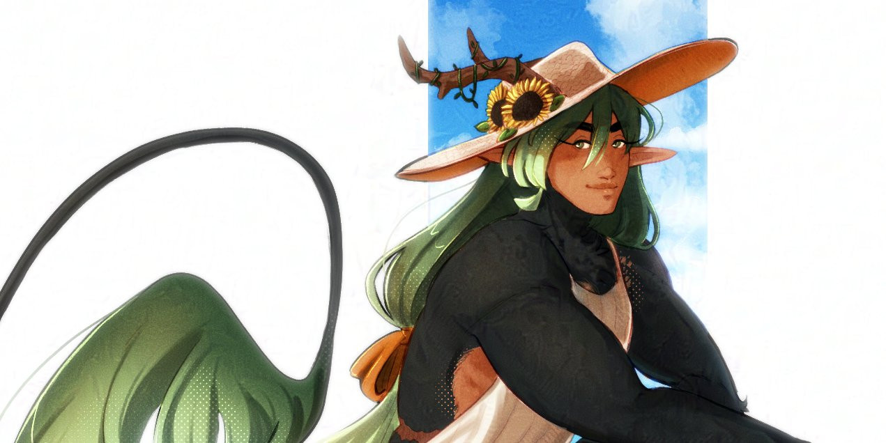 A cropped waist-up drawing of my genshin character, Sylvie. They are in their semi-humanoid form, and are wearing a sunhat and dress.