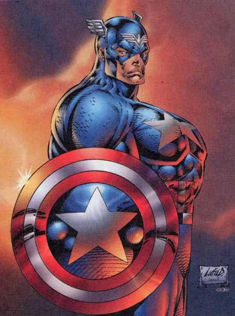 Rob Liefeld drawing of Captain America from the side with an amusingly large chest.