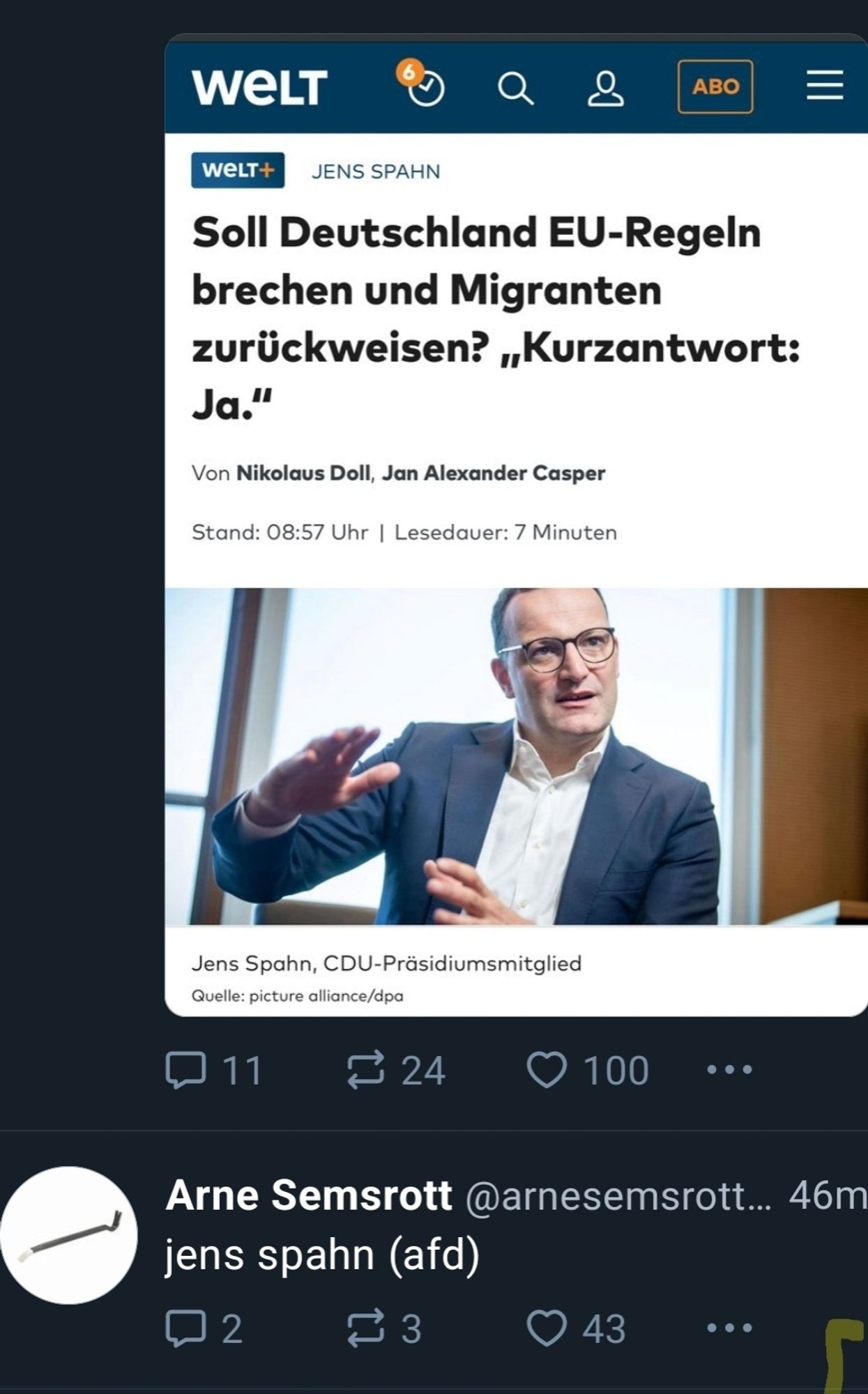 Zwei Posts. Oben ein Screenshot eines Welt Artikels. "Soll Deutsxhland EU-Regeln brechen und Migranten zurückweisen? Kurzantwort: Ja", darunter Bild vom Jens Spahn.

Der untere Post von Arne Semsrott "Jens Spahn (AfD)"