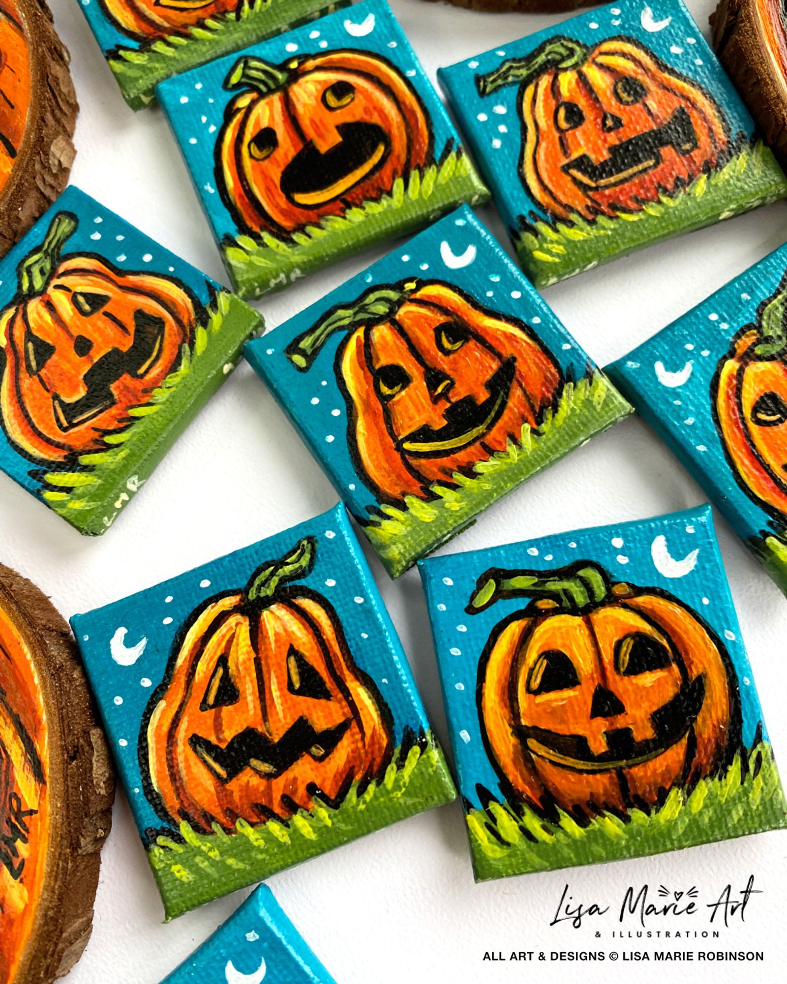 Photo of pumpkin magnets. All handmade, hand-painted and unique.