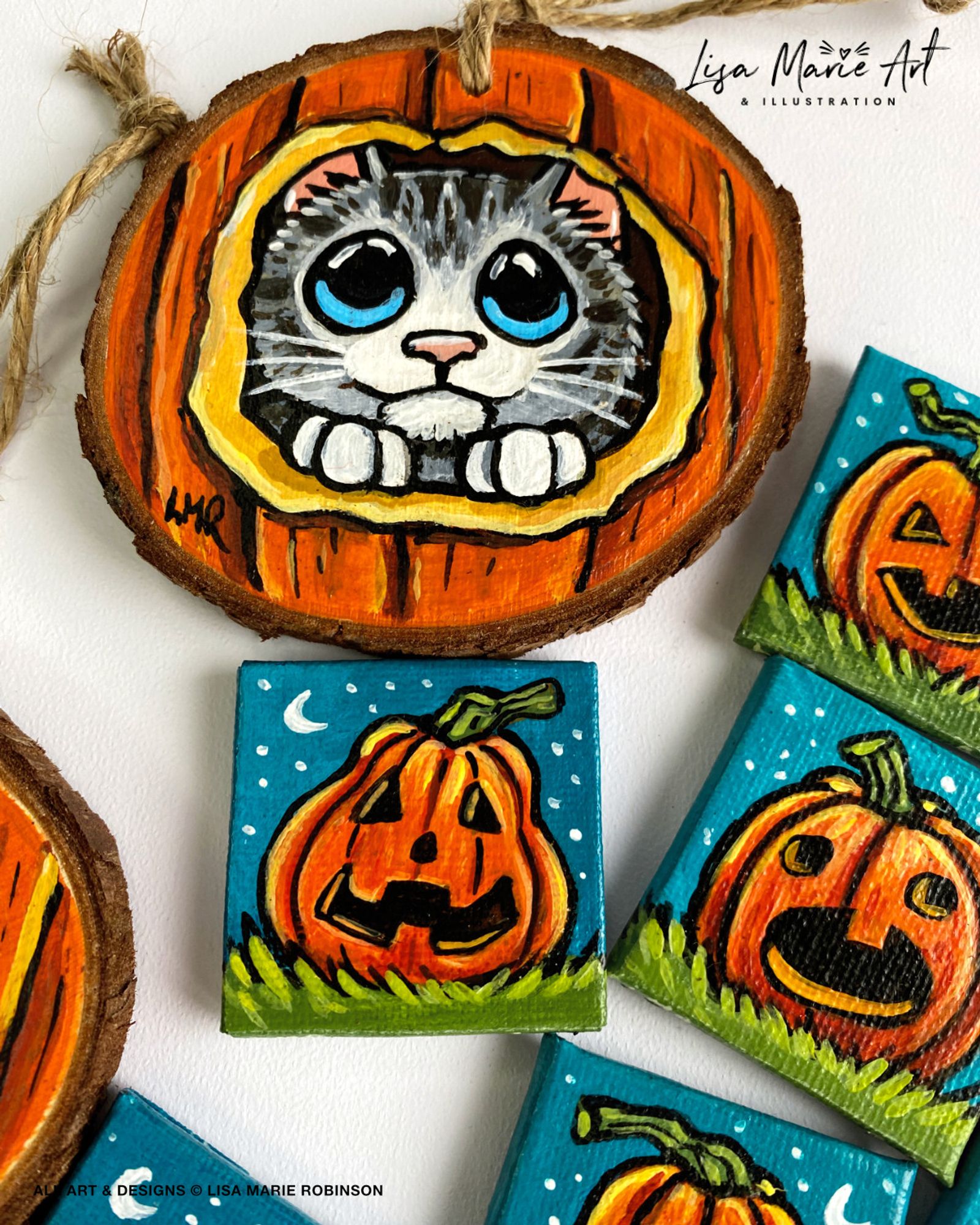 Photo of a wooden cat decoration with twine for hanging, and pumpkin magnets. All handmade, hand-painted and unique.