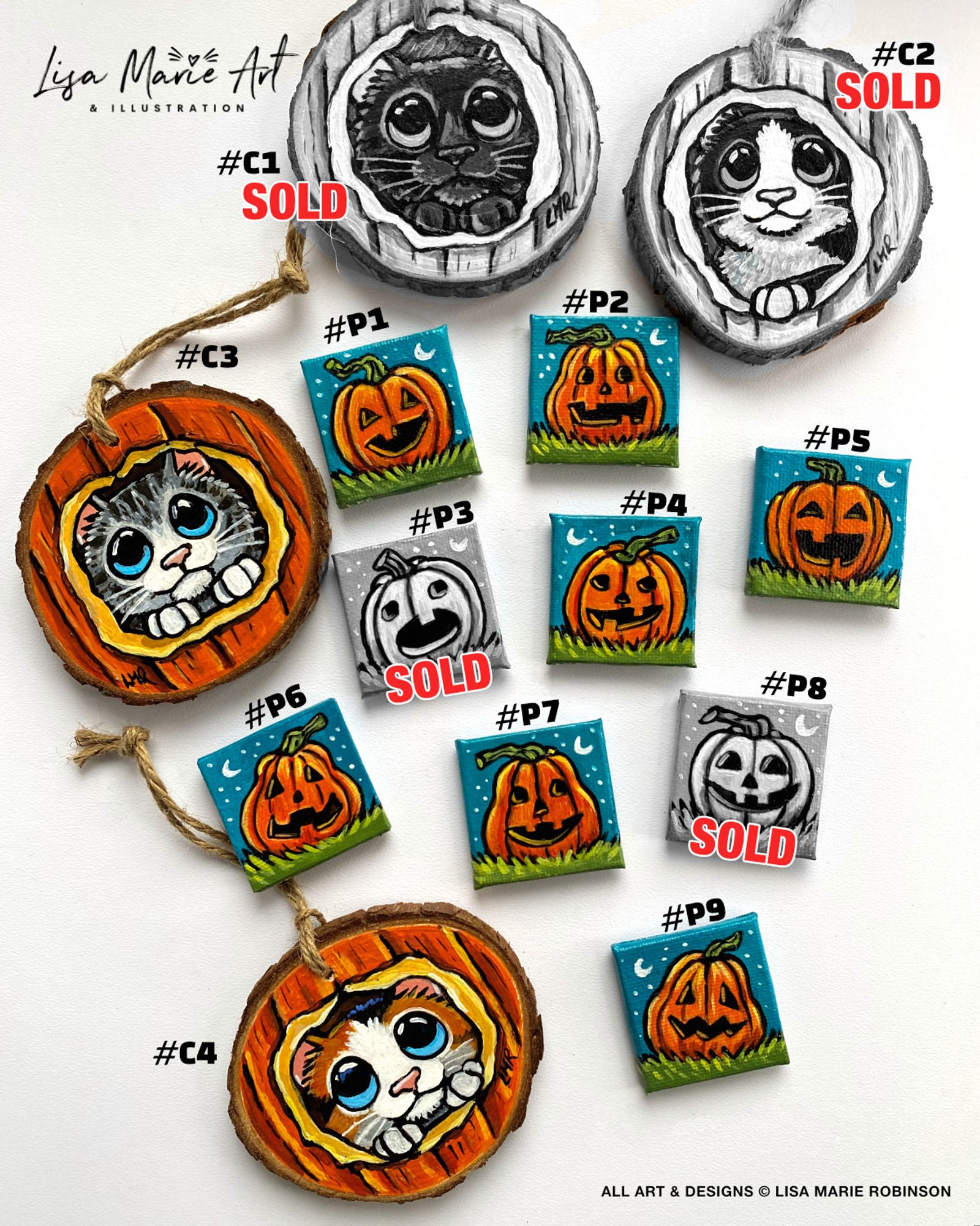 Photo of wooden cat decorations (with twine for hanging), and pumpkin magnets. Handmade, hand-painted and unique. The photo shows which have been sold already, the rest will launch in the Etsy Shop (LisaMarieArt) on Tuesday 24 September, 2024