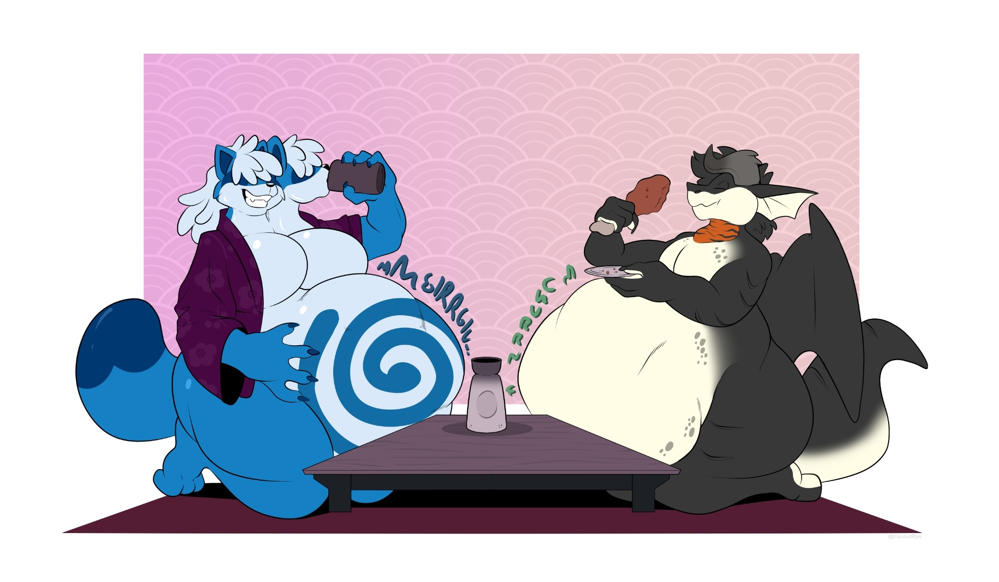 A dragon spends time enjoying food at drink with their gooey tanuki partner(s)