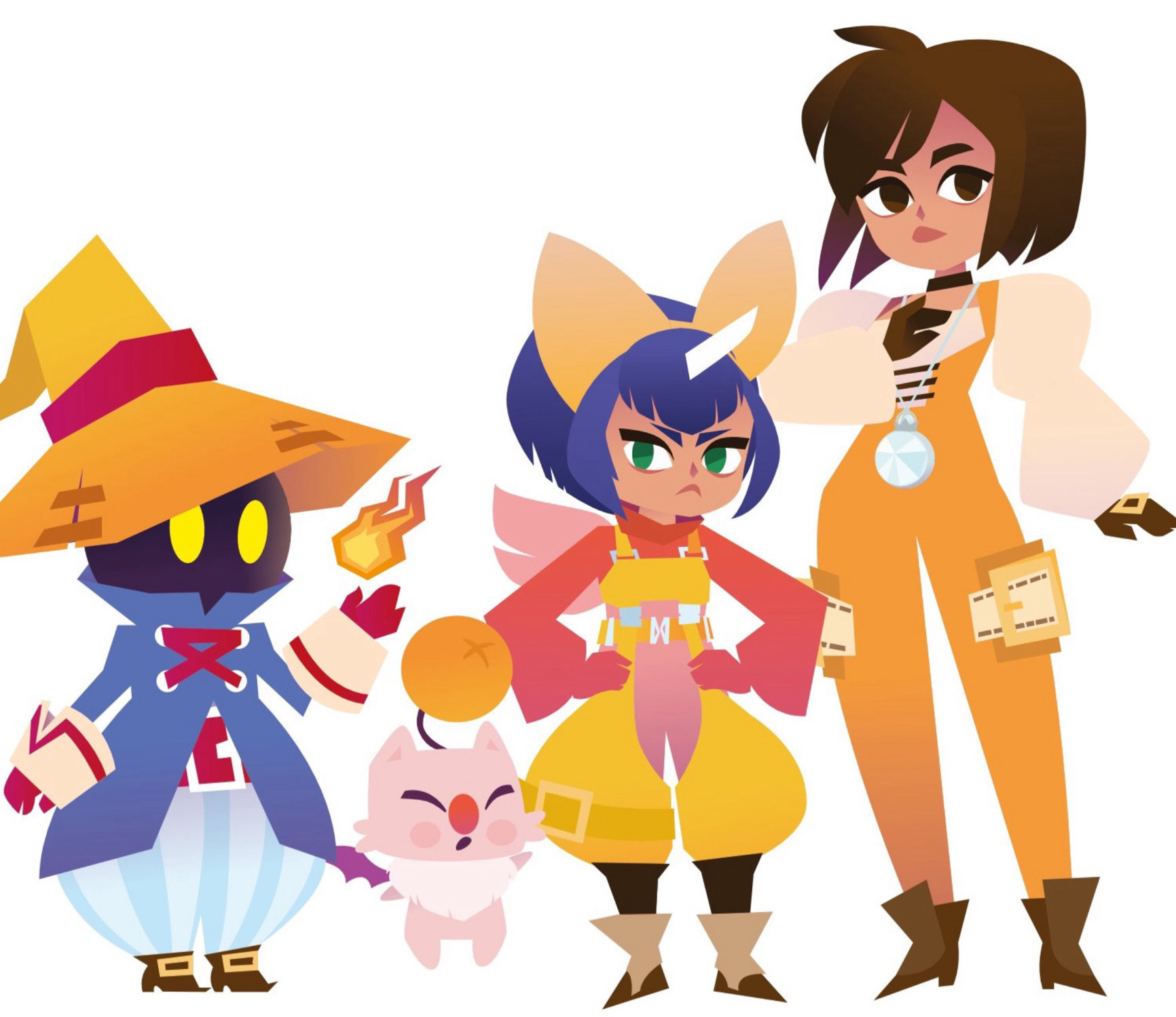 dessin de 4 personnages de final fantasy 9 : Bibi / Moug / Eiko / Grenat