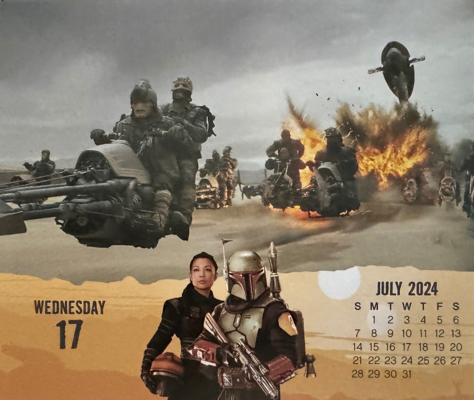 Boba Fett flying the Firespray and attacking the gang that attacked the Sand People of his tribe. Image from The Book of Boba Fett, Season 1, Episode 4, The Gathering Storm. Calendar from DateWorks.