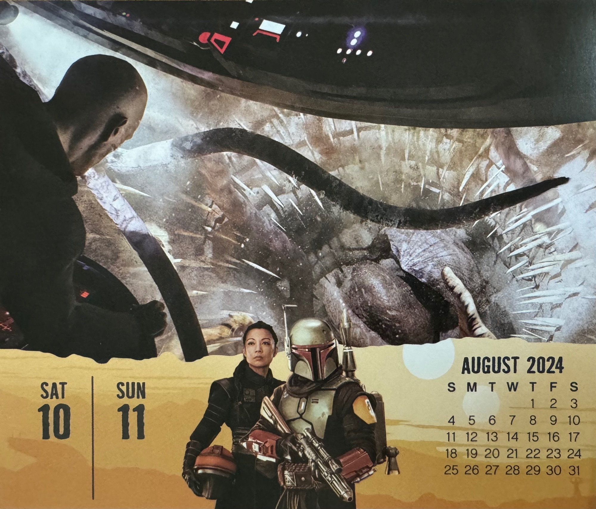 Concept are by Anton Grandert of Boba Fett looking into the Great Pit of Carkoon at the sarlacc, from the bridge of the Firespray, on Tatooine.  Image from The Book of Boba Fett, Season 1, Episode 4, The Gathering Storm. Calendar by DateWorks.