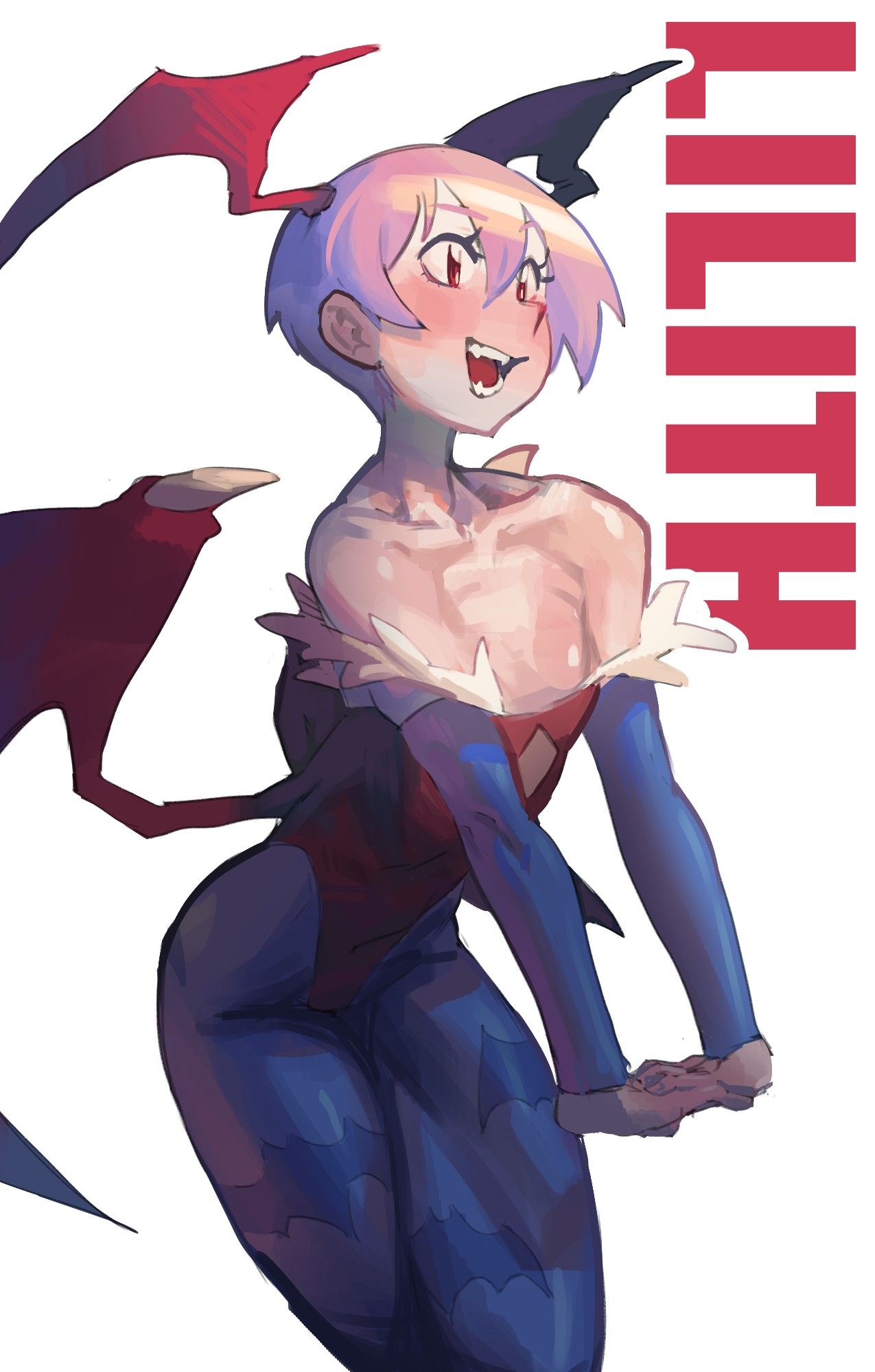 Lilith Aensland from Darkstalkers series stretching her arms down, slightly bent over, with an open smile