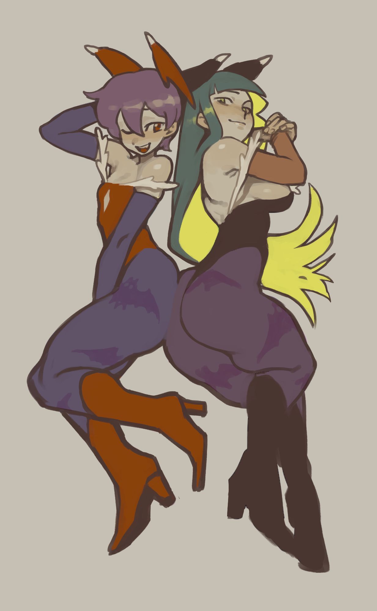 Lilith and Morrigan from Darkstalkers video game series, back to back, looking at viewer