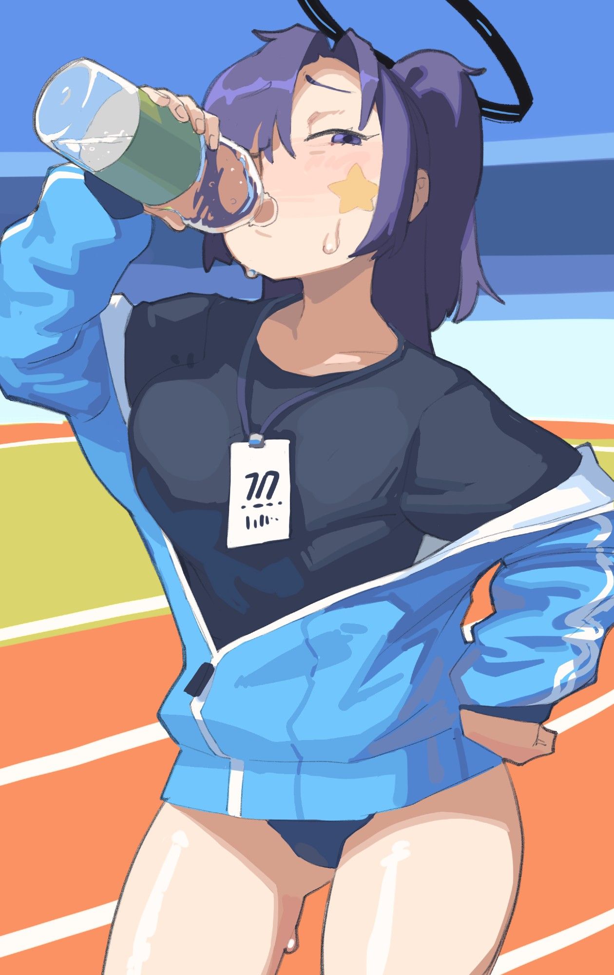 Yuuka from Blue Archive in her running outfit, drinking water from a bottle