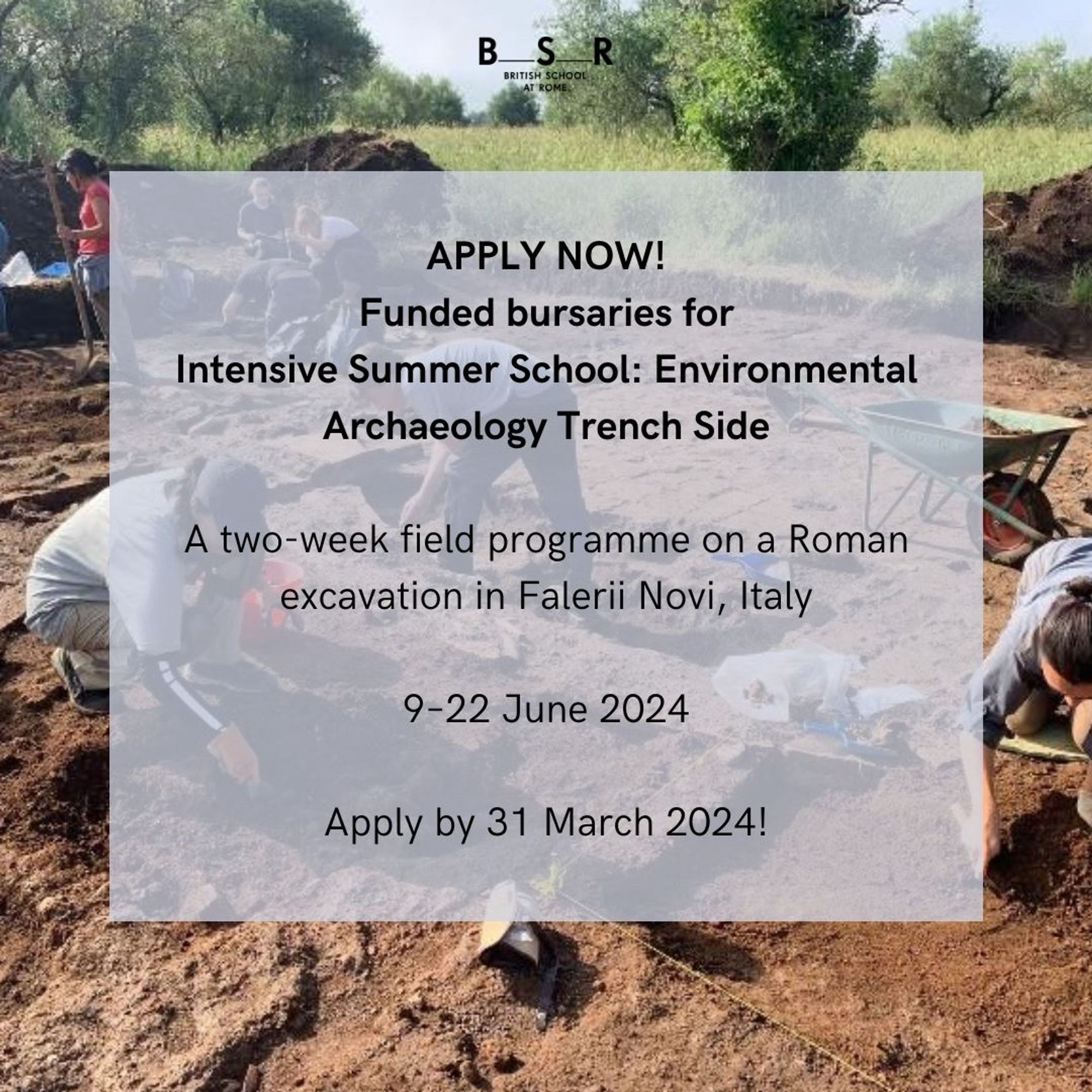 Flyer for the Environmental Archaeology Summer School at Falerii Novi with text and an image of excavation in the background