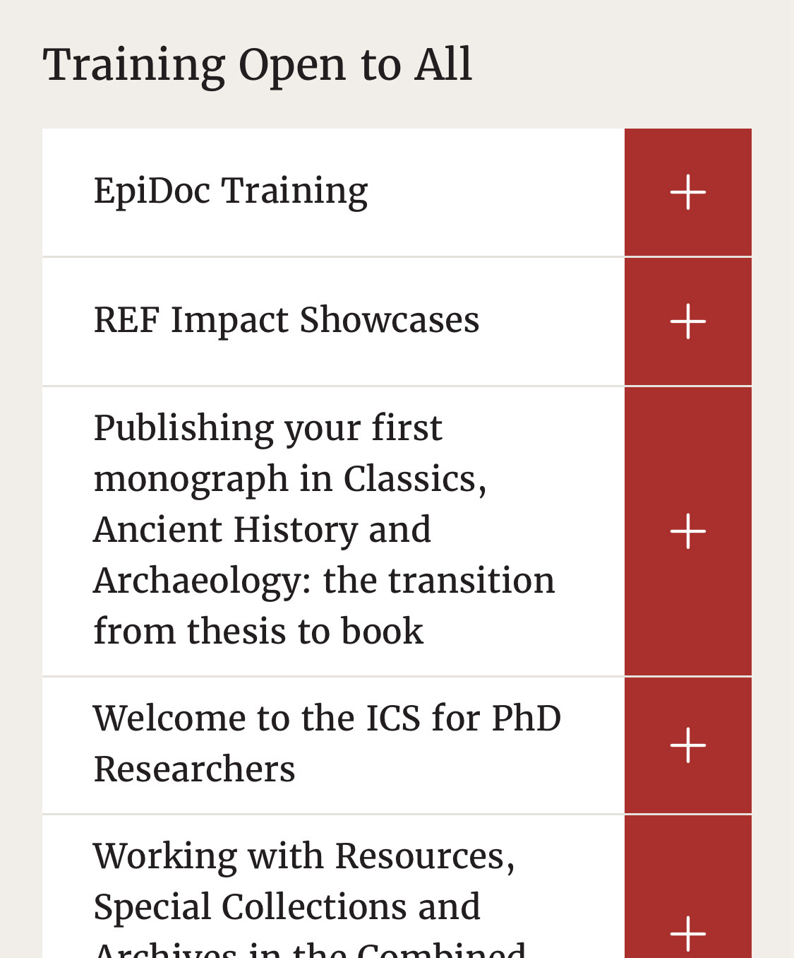 Screenshot showing activities for a researcher training programme in classics