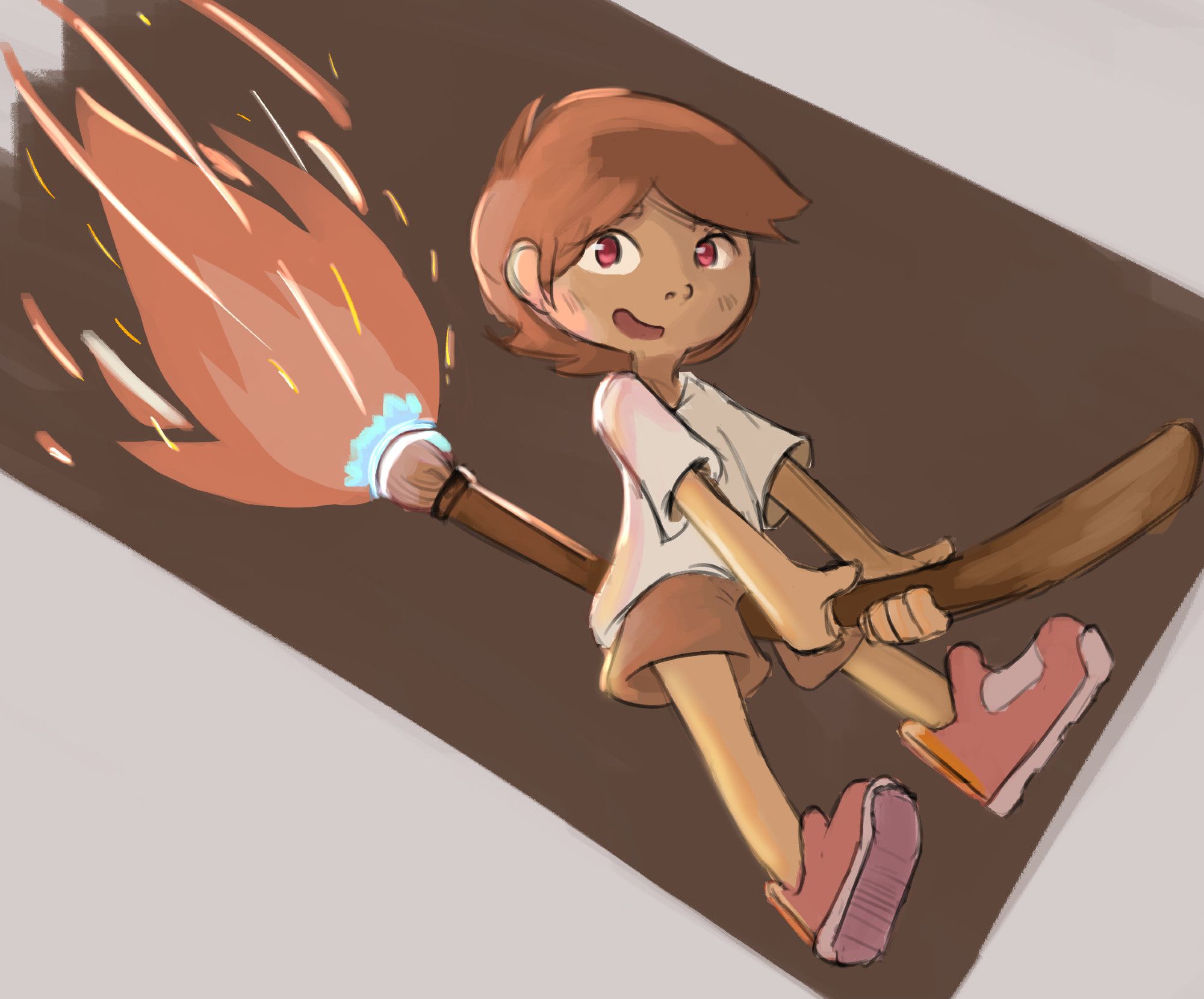 A smiling boy with a white shirt, brown shorts, and red shoes riding atop a broom. The bristles on the broom burn with intense magical force.