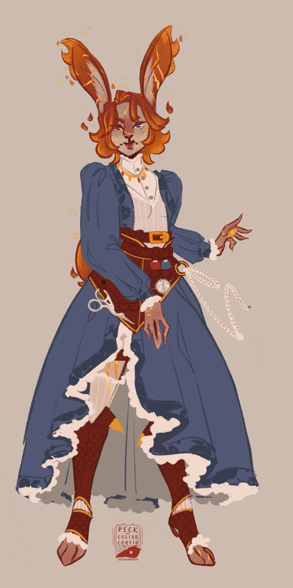 Sorrel,
A Harengon (rabbit folk)/Fire Genasi. Her expression is grumpy 
Her hair is red with little embers coming out of it 
She has long ears that stand to attention.
A pretty blue long dress and a white undershirt with ruffles. She also wear brown boots which accommodate her rabbit feet.