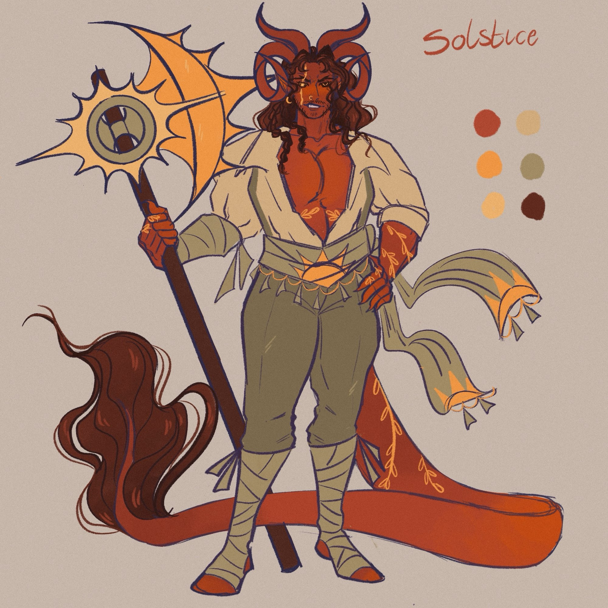 Solstice
A large red tiefling, four horns and neutral coloured clothing.
He wields a big axe, he and the axe are sun themed.
He has a confident stance and a playful  expression