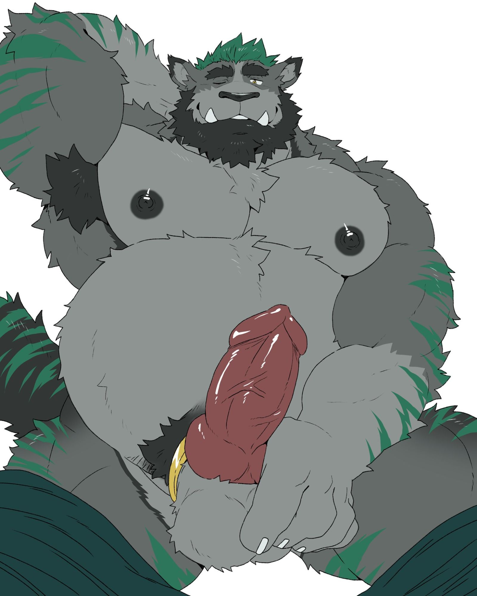 Large tusky getting woken up from a nap, fondling and presenting his hard dick towards you, asking if you want to help him with it.