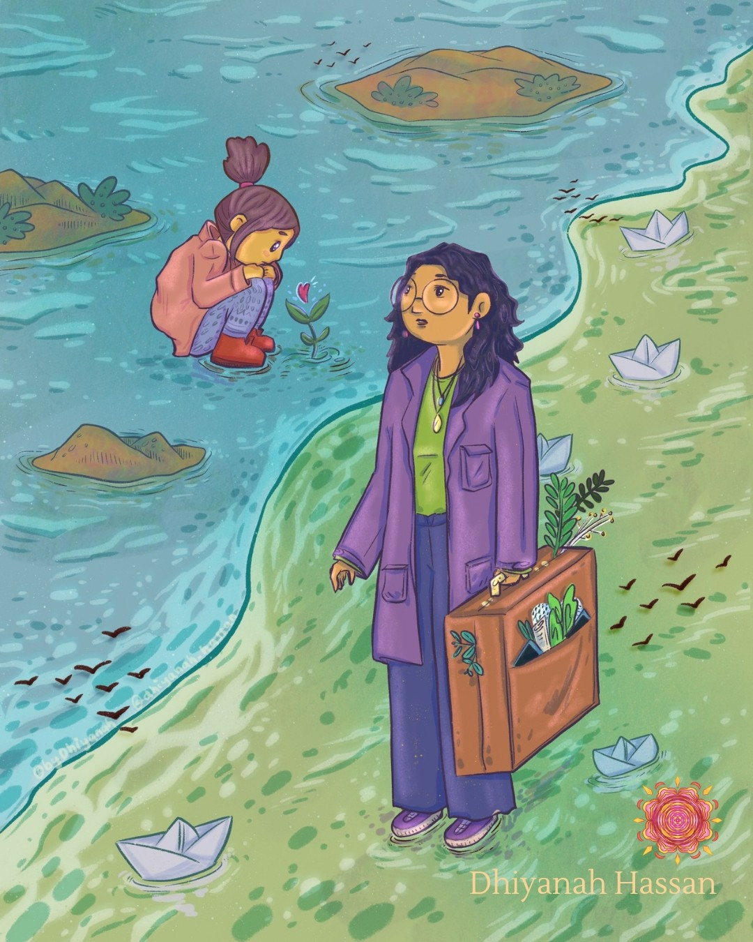 An illustration by the artist Dhiyanah Hassan of two figures each standing in a body of water that meets in the middle like currents that meet without colliding. The figures and landscape elements are drawn in surrealistic proportions. On the left a small girl in a raincoat watches a seedling grow into a sprout that holds a heart shape above it. She stares at it intently among floating islands with hills, sand dunes, and forests. On the right is a woman or femme person in a purple coat carrying a large old school style travel suitcase brimming with plants, bits of paper, and a kuffiyeh scarf. She is wearing glasses and is acknowledging the small girl on the other side as she walks among large paper boats.there are birds flying over the bodies of water, crossing the threshold.