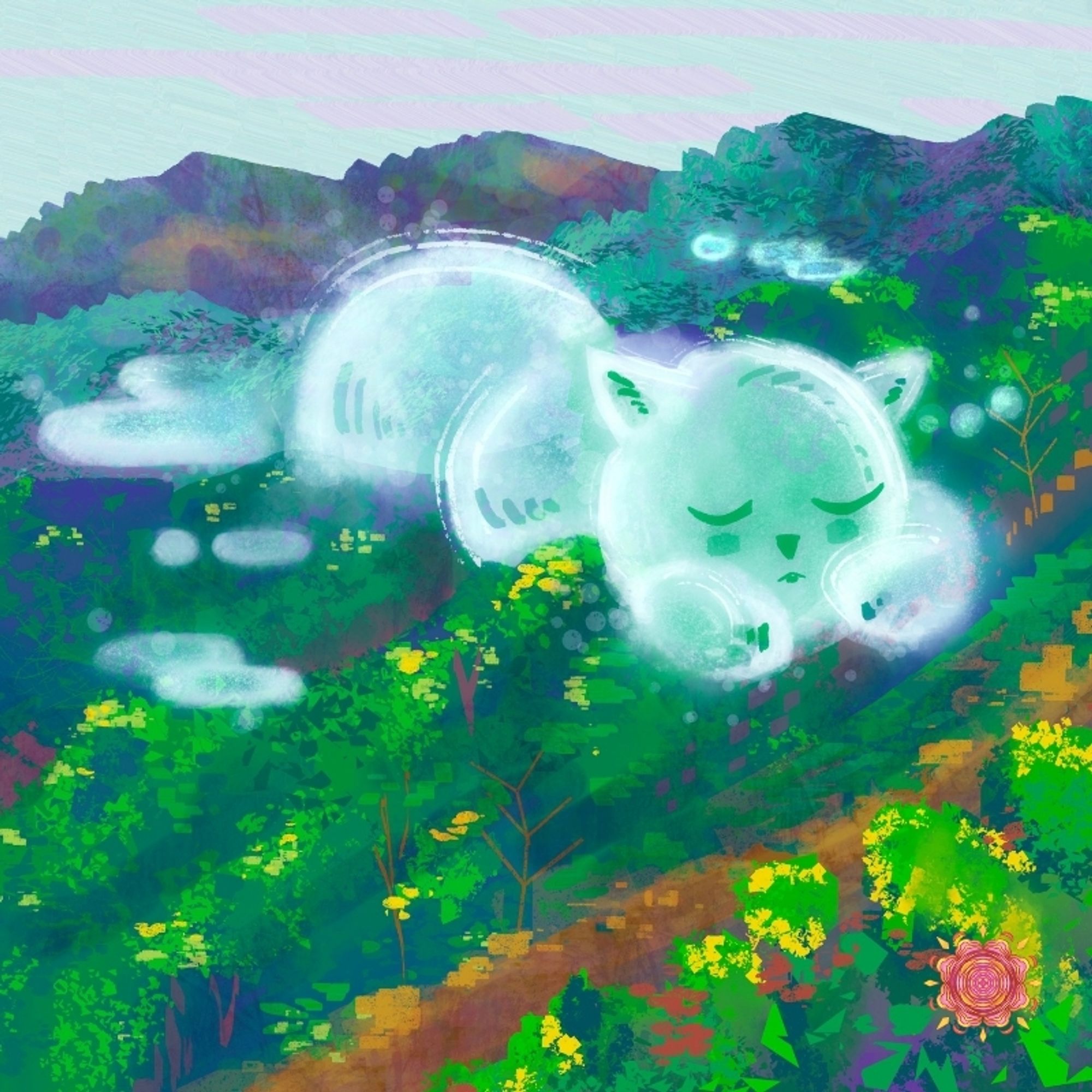 A digital painting of a forest-covered hill with a pathway and mist rising from the trees. At the center of the painting the mist has congregated into the shape of a sleeping white cat.