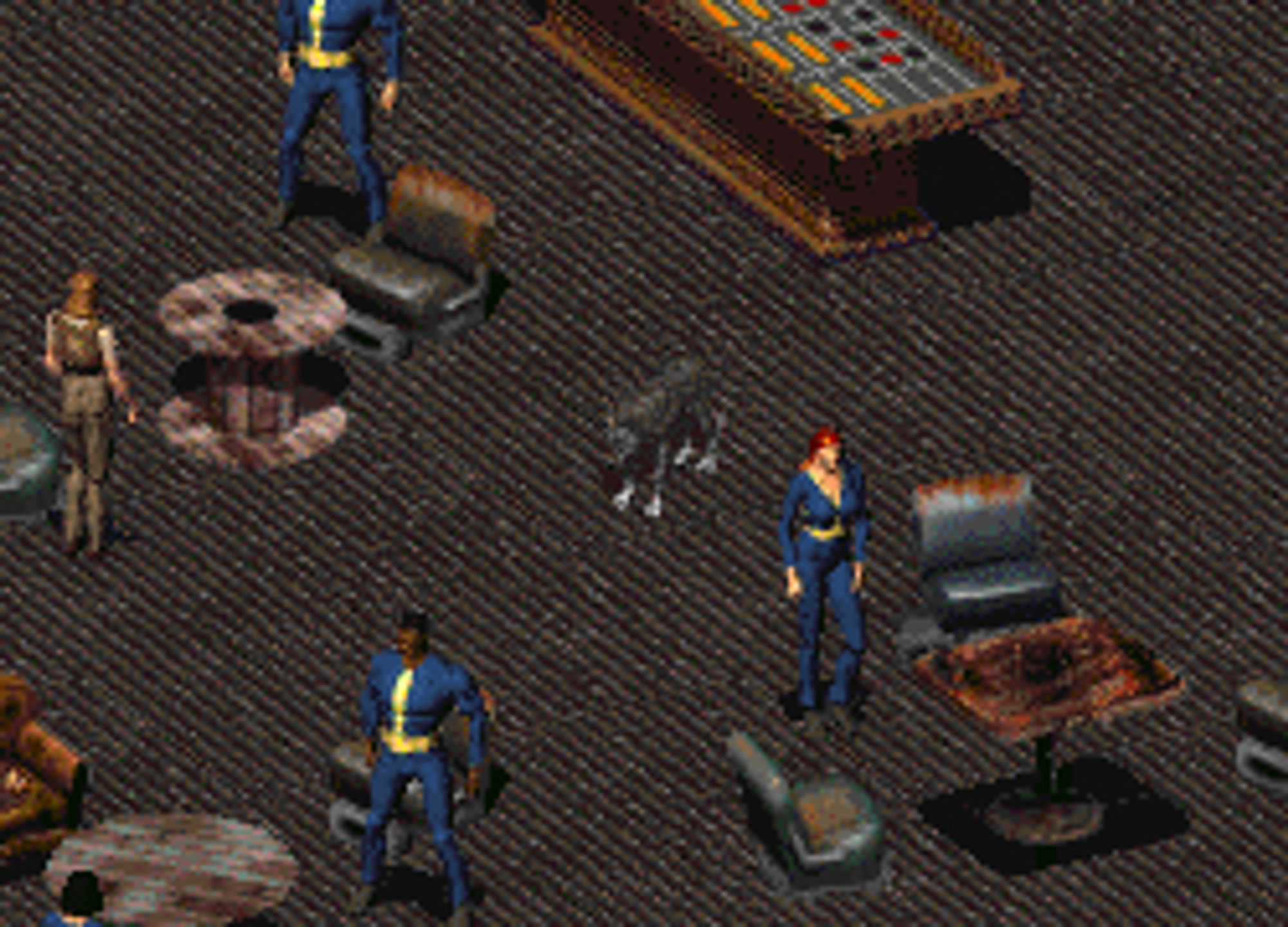 a partial screenshot of fallout 1, showing dogmeat in the middle of various people in a casino. he stands proudly and looks clean as hell