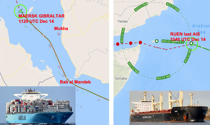 Locations of two of the recent attacks on commercial shipping near the Bab al-Mandab Strait.