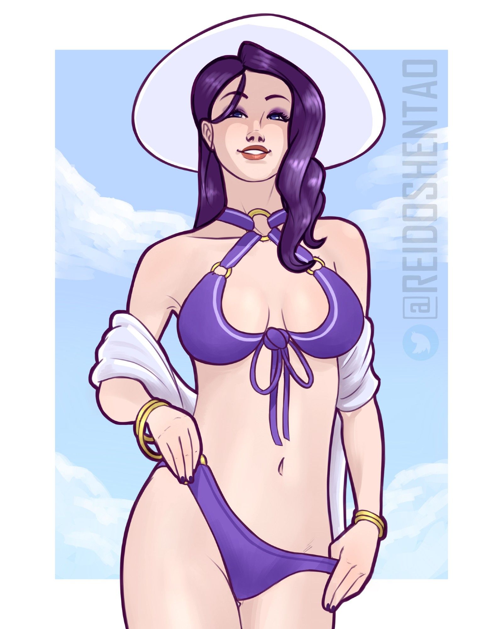 Pool party caitlyn with her classic purple bikini and white hat on a rectangular sky background