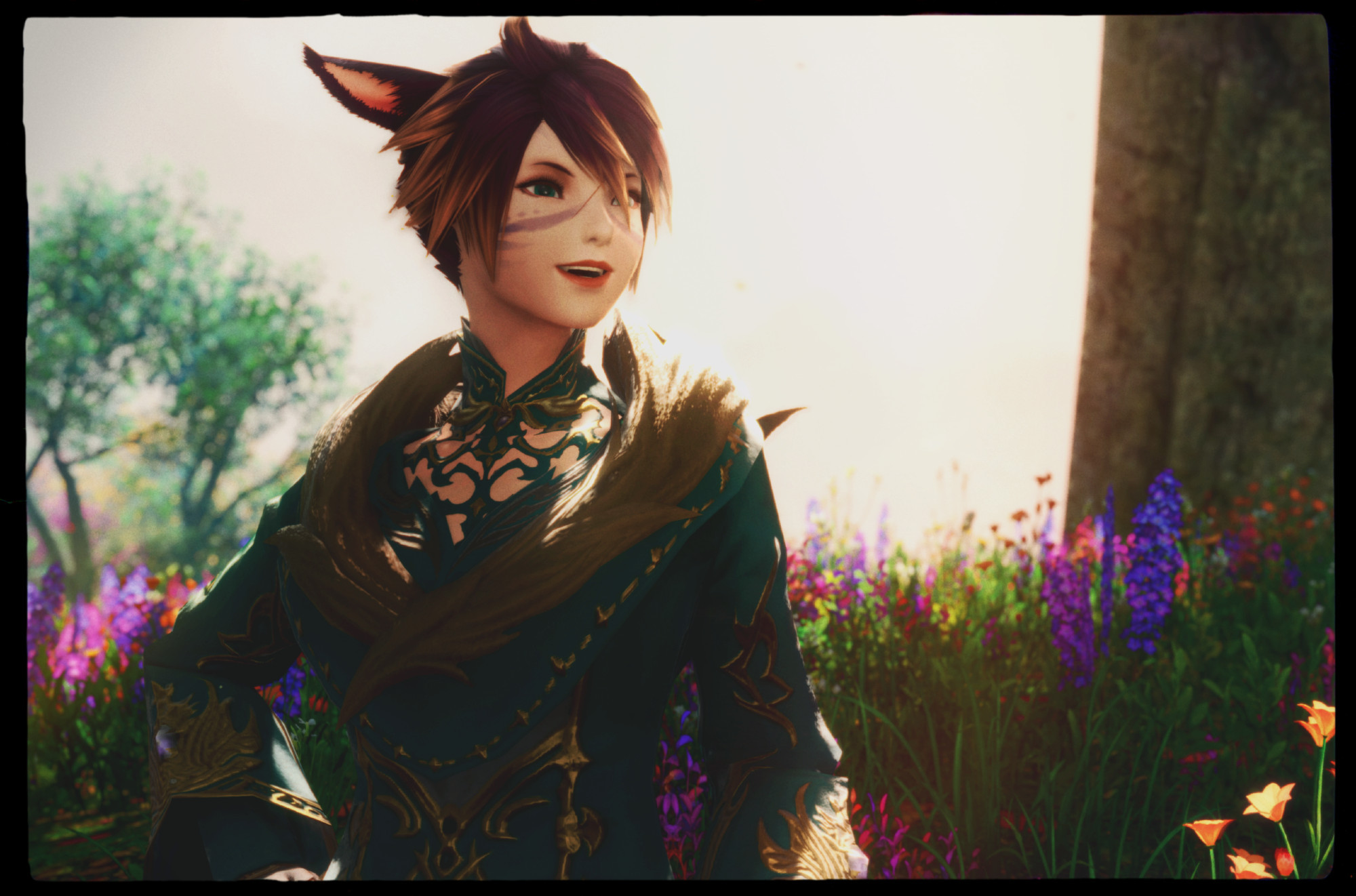 a photograph of a miqote woman from the hit massively multiplayer role playing game final fantasy 14. she stands before the frame glancing off into the distance just beyond the shoulder of the person holding the camera. the incandescent splendour of an evening sun pours over a crop of tall swaying grass and colourful flowers, its remarkable effulgence brightly illuminating the woman's cheek and shoulder. this is a moment towards the end of a day spent within the comforts of each others' company, yet she is ever eager to continue onward to wherever else the light may guide you