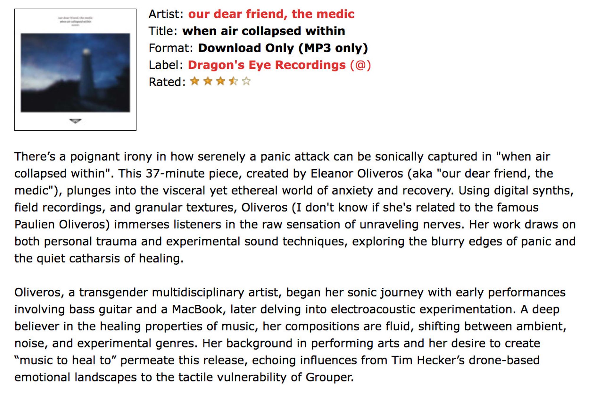 a screencap from a review of "when air collapsed within" by "our dear friend, the medic" by vito at the music review website chain dlk, which provides details on the album and artist, while touching upon the reviewer's thoughts on the sound heard on the record