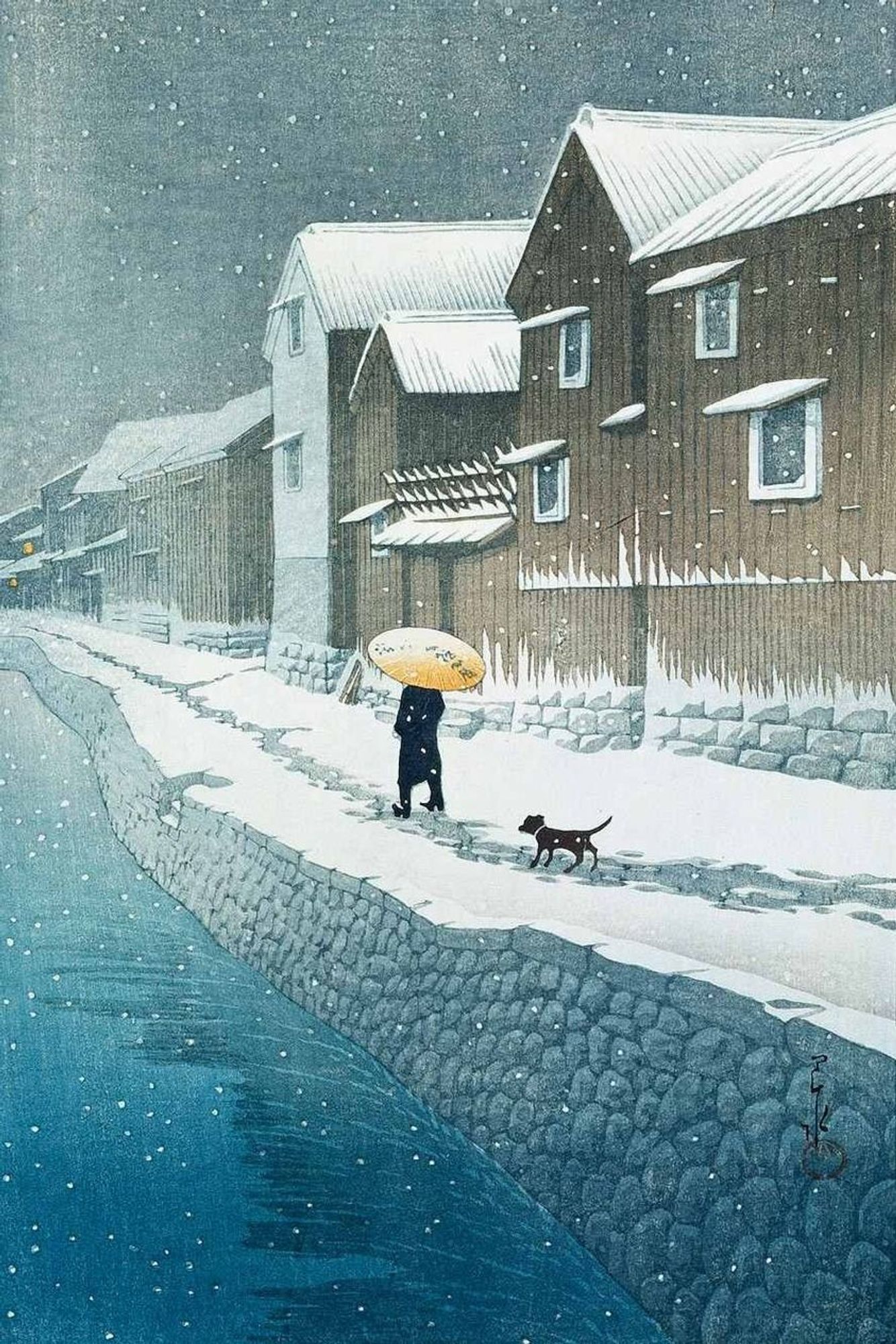 A figure in black followed by a small black dog, walks through a snowstorm protected only by a golden paper umbrella. It is a stone-lined canal road near village homes. The sky is grey and the canal is a grey-green-blue color.