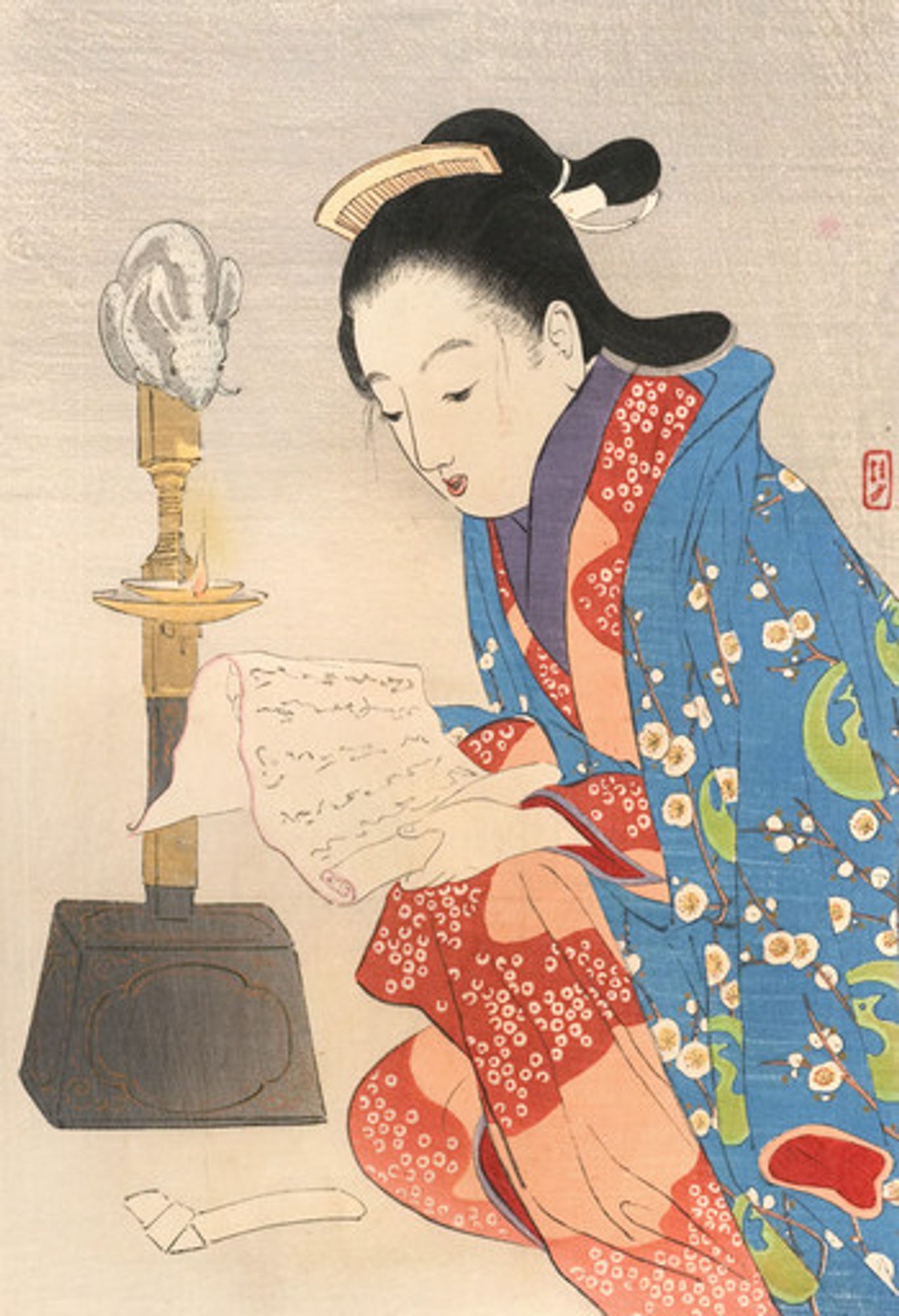 By the 1890s, Takeuchi did illustration work, painting of porcelain, and woodblock prints influenced by ukiyo-e. Hence, he developed many skills to survive the convulsions of the Meiji Restoration (1868-1912).Takeuchi studied drawing under Masanobu Karino and Yoshitoshi Tsukioka and started drawing illustrations for novels from around 1887. He created illustrations for novels by Koyo Ozaki and Bizan Kawakami of Kenyusha, and it was said that the novels by the popular writer Koyo were particularly associated with Takeuchi’s illustrations. After drawing the illustrations for the fairy tale by his contemporary at Kenyusha, Sazanami Iwaya, he drew many Japanese-style fairy tale illustrations for children’s magazines.”