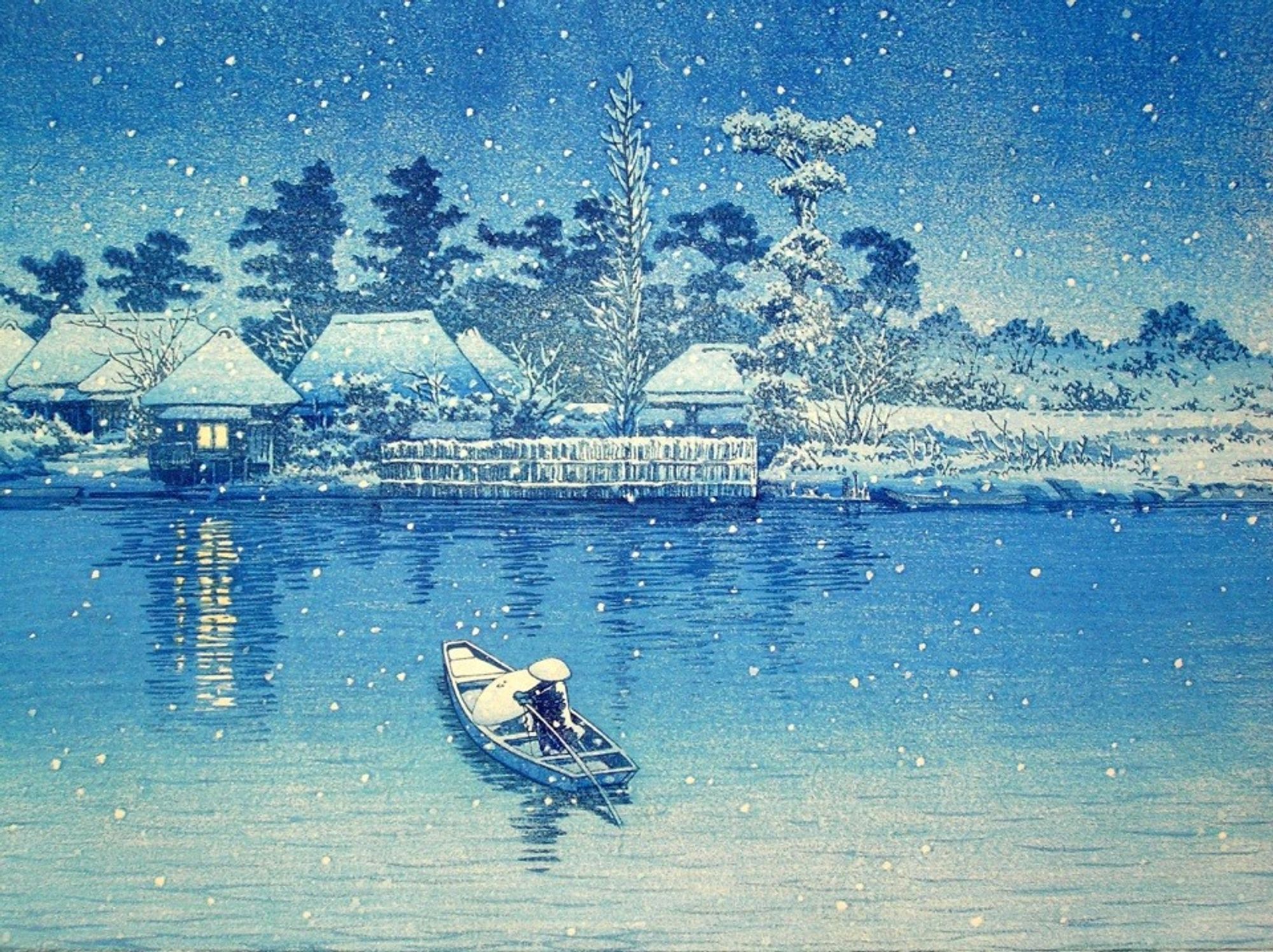 A man rows a boat with a passenger (hidden by an umbrella) across a cold winter's afternoon through the snow. The houses and trees on the far side are covered with snow.