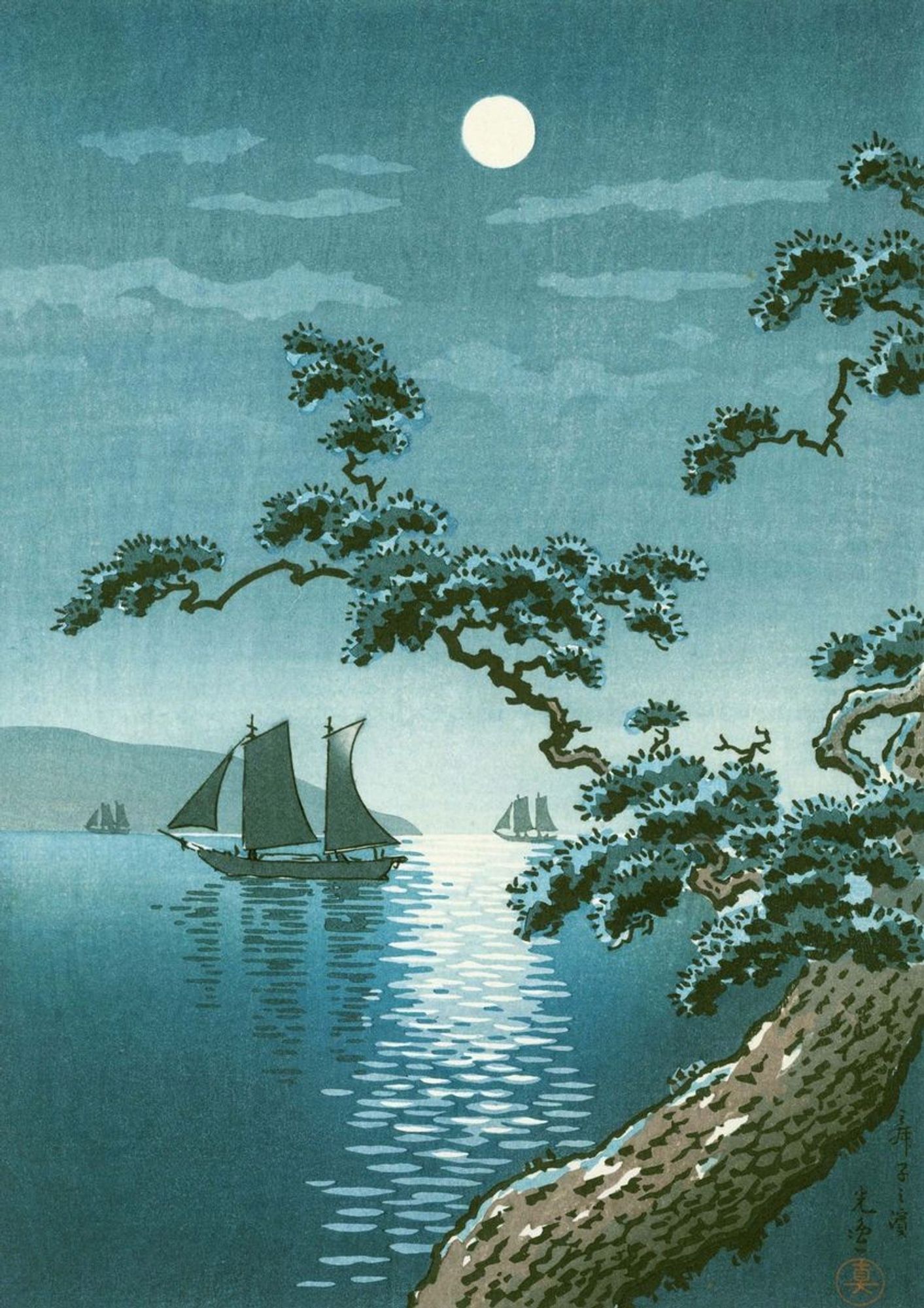 Sailboats in a bay in the moonlight. A cypress tree is in the foreground and a mountain is in the far background.