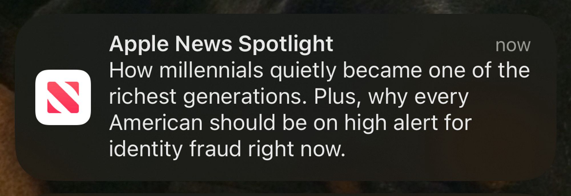 A screenshot of a phone banner alert saying that millennials are one of the richest generations.