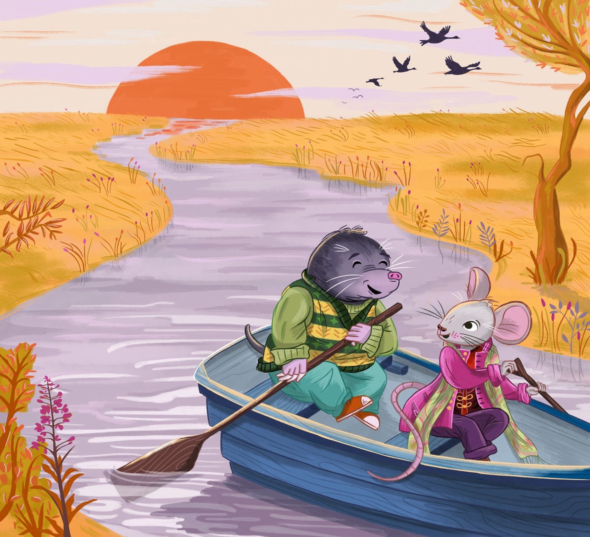 Rat and Mole from the Wind in the Willows rowing together in a blue boat while the sun sets behind them. The accompanying text: 

“The afternoon sun was getting low as Rat sculled gently homewards in a dreamy mood, murmuring poetry-things to himself…”