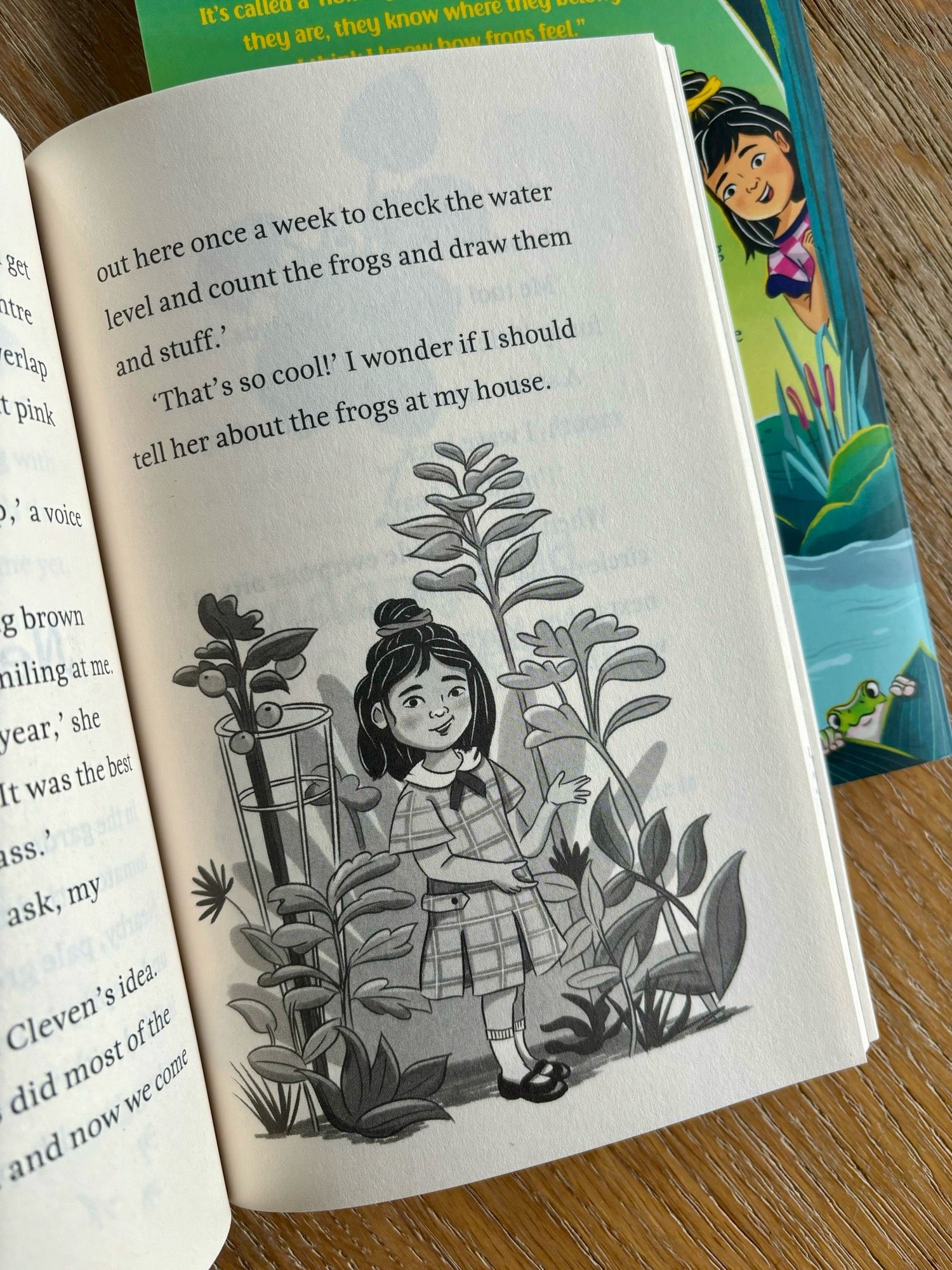 Inside the pages of Ella and the Amazing Frog Orchestra, a new middle grade fiction book. A black and white illustration of an 8 year old girl in the school garden.