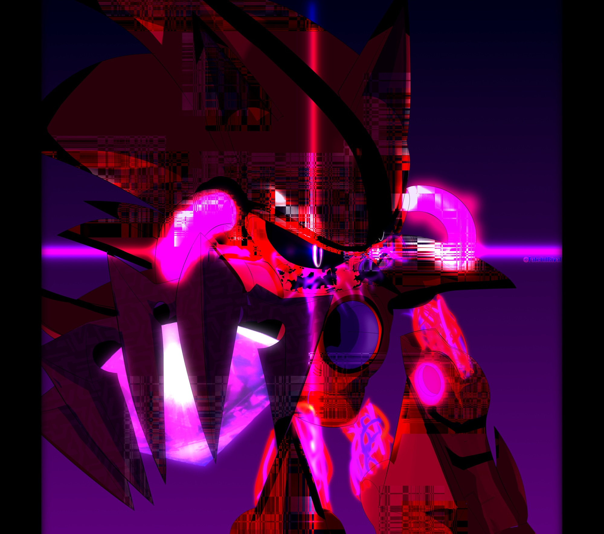 Iouhimi’s same illustration of a custom form of Metal Sonic infused with The End’s cyber corruption, now fully rendered with a gradient violet background, and appropriately glowing parts.