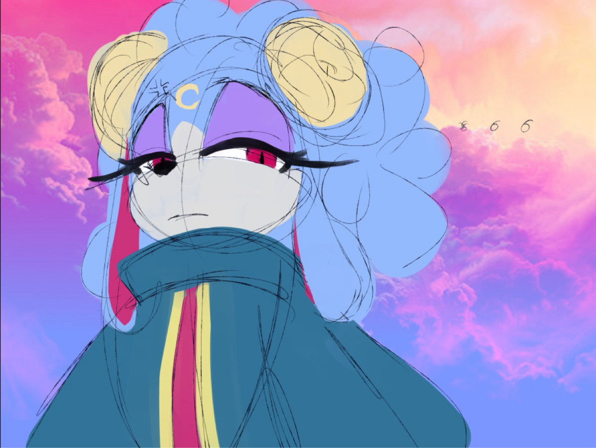 My colored rough sketch of Ariem from Sonic Dream Team, on a gradient pink to blue cloud background. 