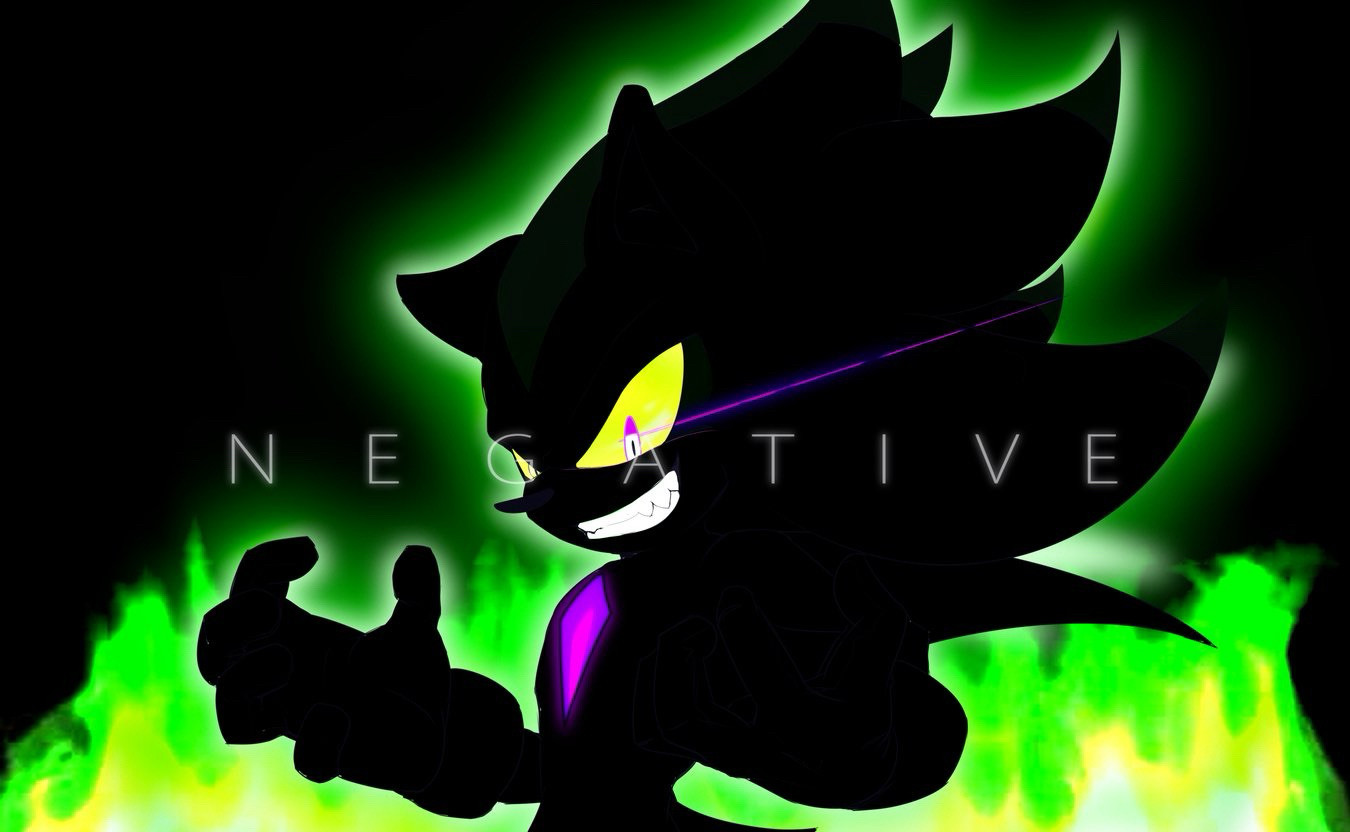 Iouhimi’s same illustration of Chaos Nazo now without rendered effects. The silhouette is filled in completely black, excluding the characters yellow eyes, and glowing violet gemstone on his body. Thin white text overlaying the character reads “Negative”. 