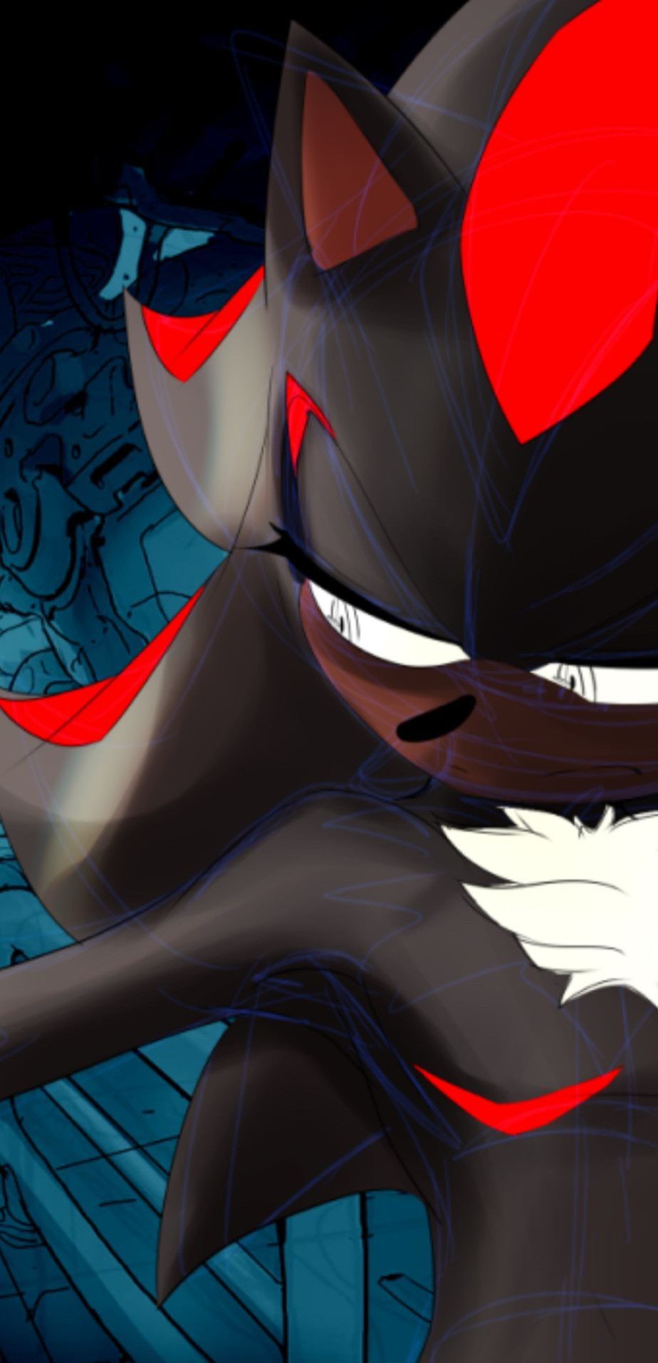 Iouhimi’s same work in progress drawing of Shadow the Hedgehog with red top surgery scar accents, looking toward the left. Now cropped vertically over Shadow’s left half.