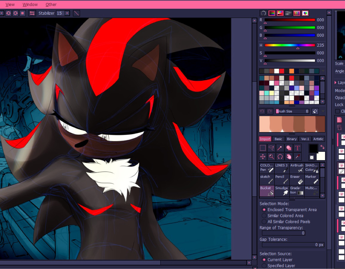 Iouhimi’s work in progress drawing of Shadow the Hedgehog with red top surgery scar accents, looking toward the left.