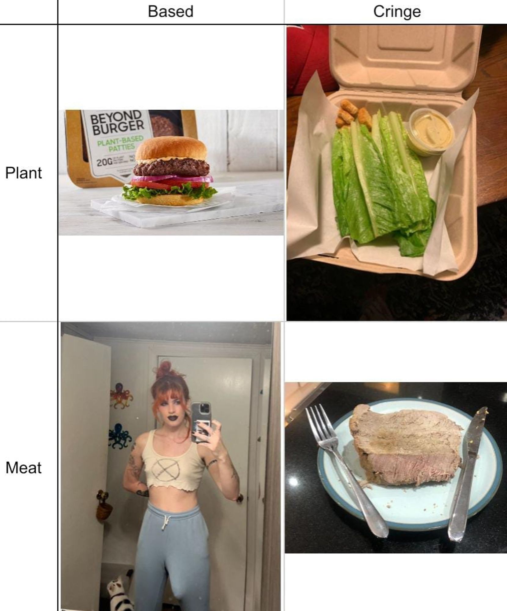 Plant Based: a beyond burger meat
Plant Cringe: the saddest Caesar salad I found, just 4 pieces of lettuce and three crumbs
Meat Based: a picture of @edotstreetcar.bsky.social where her massive dick makes a shape under her sweatpants
Meat Cringe: steak cooked by a republican, looks disgusting, like it was boiled for three days