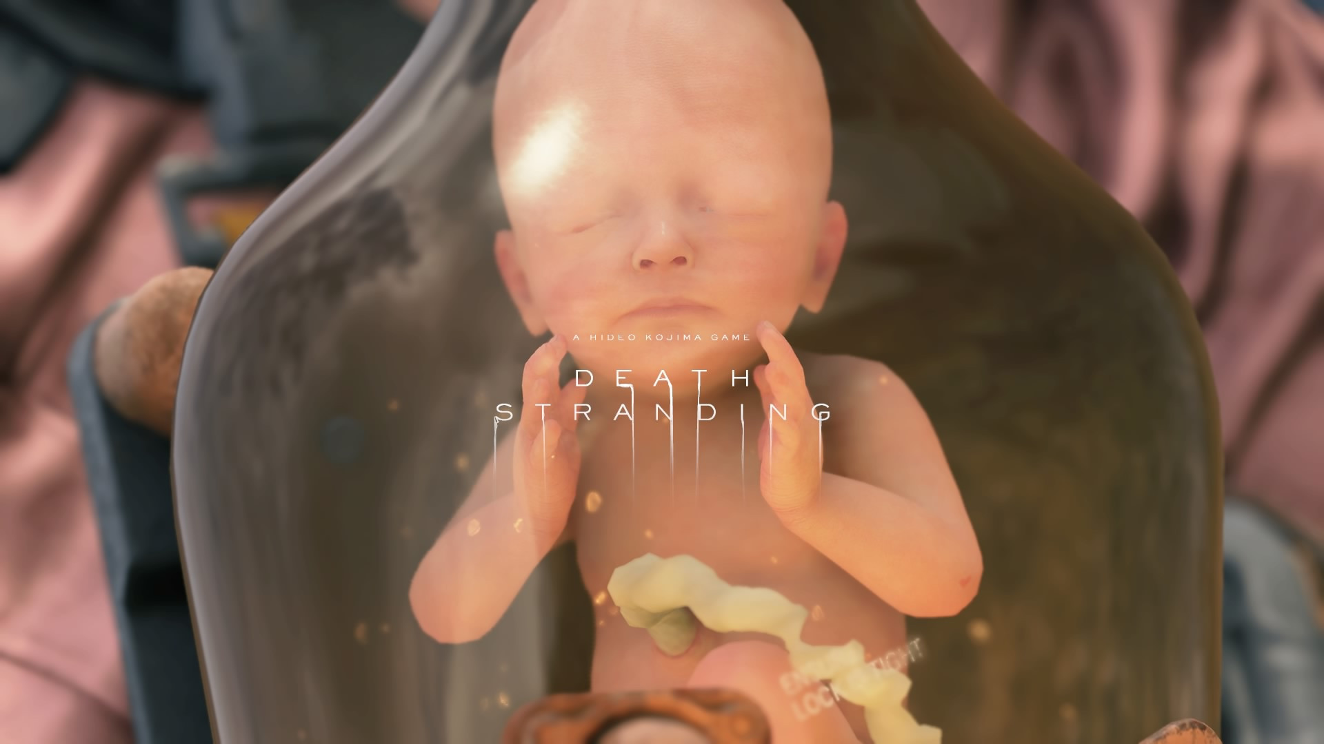 Photo displaying the character lou in a pod with the text "Death Stranding"