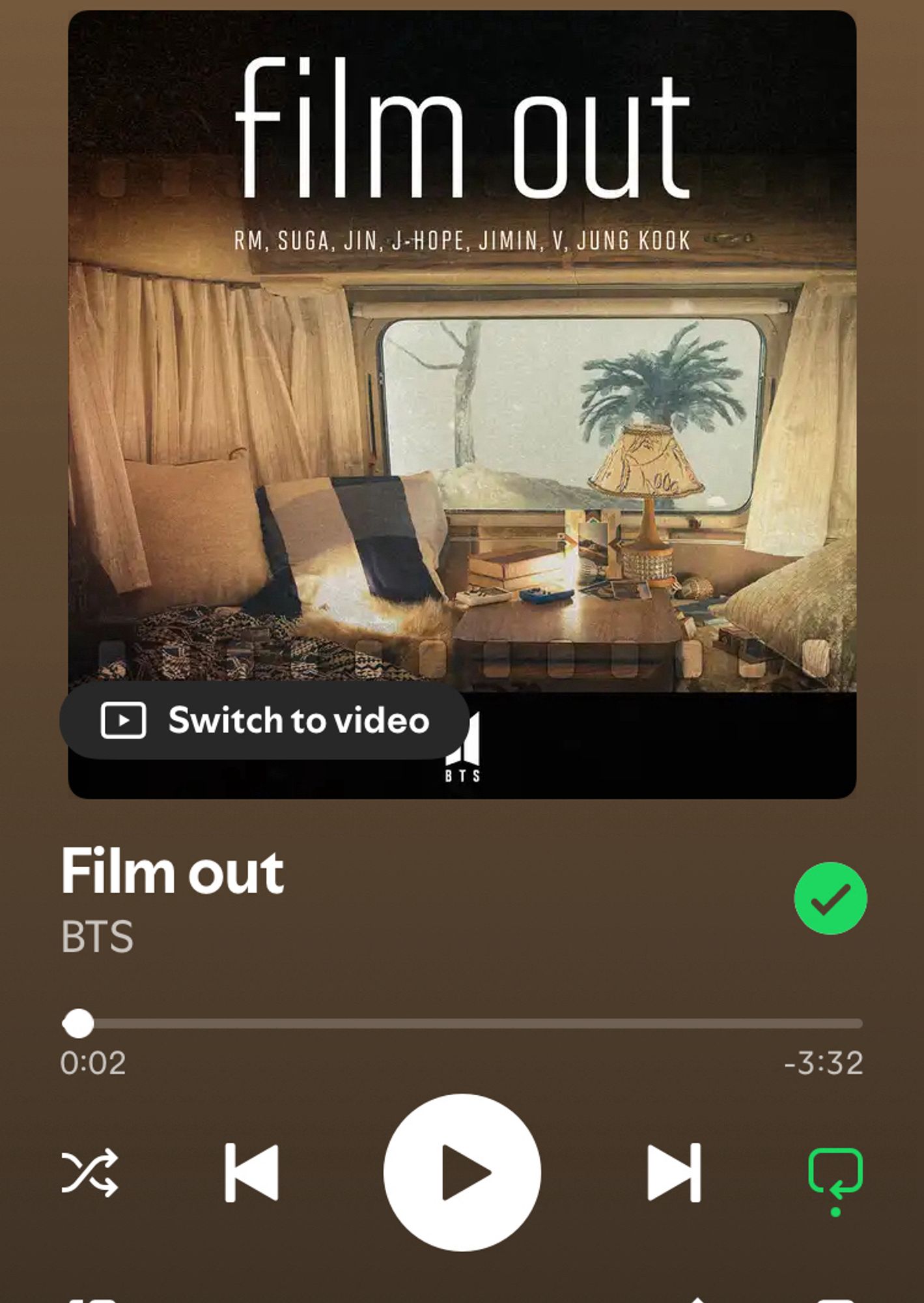 Screenshot of Spotify page for the BTS song ‘Film Out’.